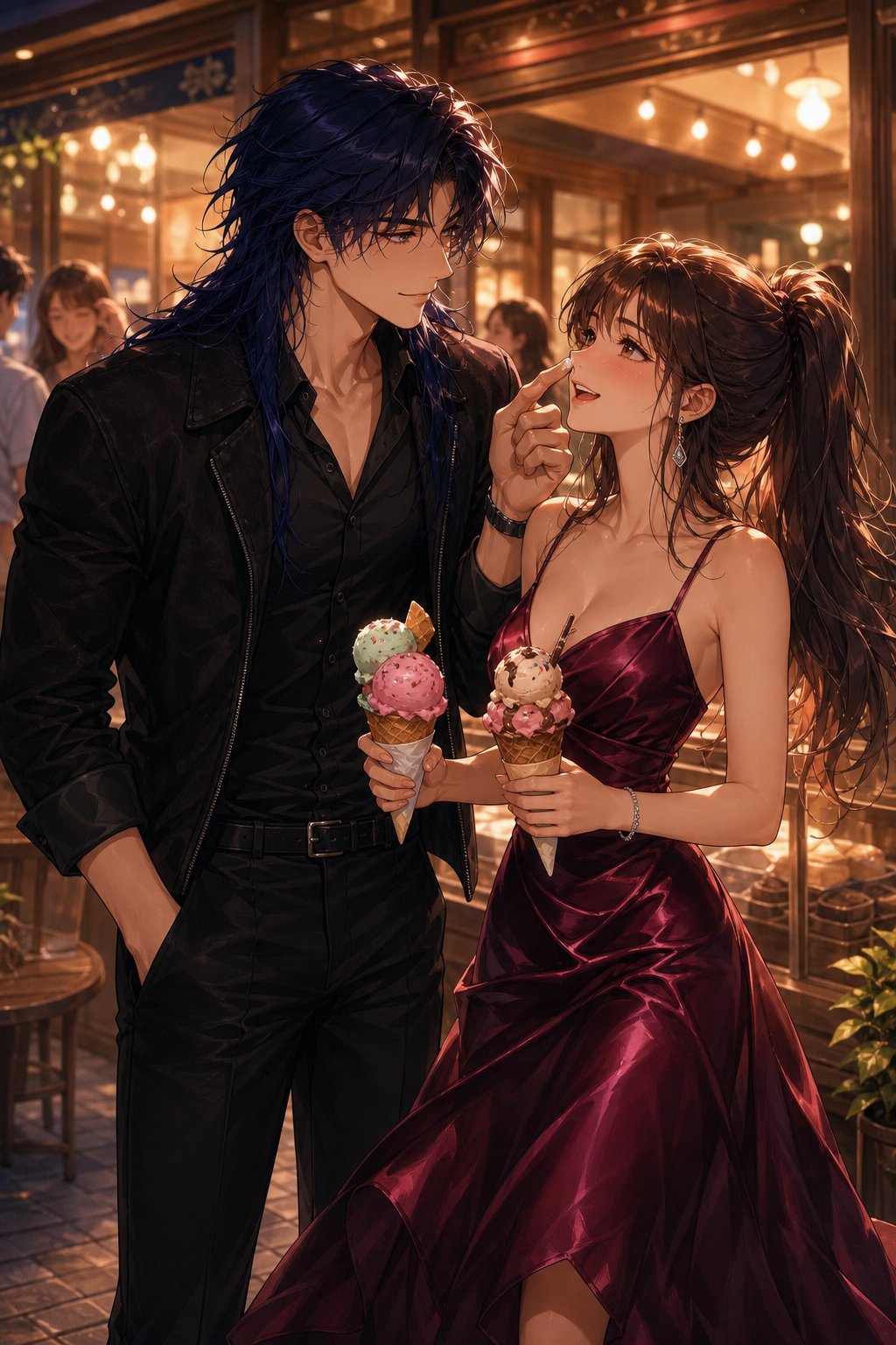 Use "andres3" as the character reference for Andres. Use "meek meek3" as the character reference for Meek Meek. Ultra cinematic anime illustration, luxury romance, cozy lifestyle editorial. A charming artisan ice cream shop with warm lights and wooden decorations. Andres and Meek Meek stand outside holding colorful ice cream cones. Meek Meek accidentally gets a small spot of ice cream on the tip of her nose without noticing. Andres laughs softly and gently wipes it away with his thumb while she blushes and smiles with embarrassed amusement. Several people enjoy desserts in the softly blurred background. The atmosphere feels playful, natural, and sweet. Andres exactly matches the reference image. He has long midnight-blue hair flowing naturally. He wears the exact same luxury black suede bomber jacket worn open over a fitted black long-sleeve button-up shirt with sleeves rolled to the forearms, tailored slim black trousers, polished black leather Chelsea boots, elegant silver wristwatch. No tie. No waistcoat. No necklace. No accessories around his neck. Meek Meek exactly matches the reference image. She has her long dark brown high ponytail, warm healthy light skin with subtle golden undertones, expressive brown eyes. She wears the exact same elegant satin burgundy midi dress with a flowing skirt, black high heels, small diamond earrings and one delicate bracelet. Negative prompt: realistic person, live action, photorealistic human, watermark, text, logo, duplicate characters, bad anatomy, bad hands, extra fingers, different outfits, necklace on Andres, NSFW.