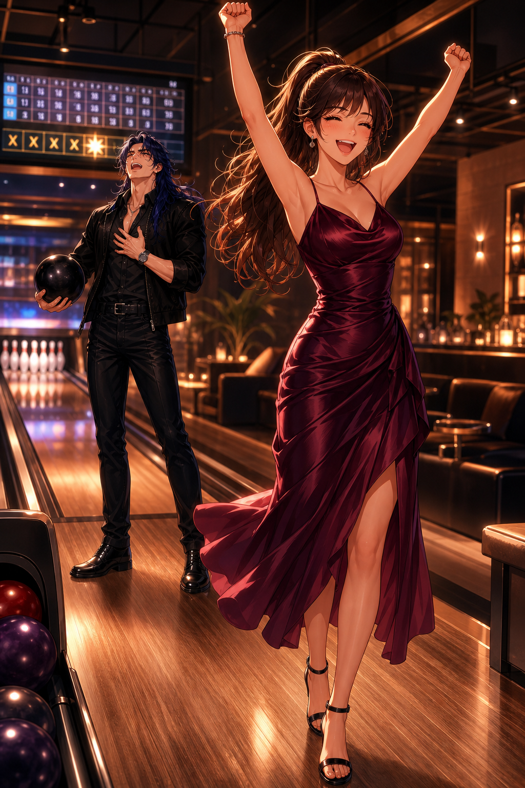 Use "andres3" as the character reference for Andres. Use "meek meek3" as the character reference for Meek Meek. Ultra cinematic anime illustration, luxury romance, lifestyle editorial. Inside a modern bowling lounge with warm ambient lighting. Meek Meek has just scored a strike and celebrates by raising both arms with a huge smile. Andres stands a few steps behind her pretending to be dramatically heartbroken after losing another round, holding his bowling ball while laughing. The scoreboard glows softly in the background. The atmosphere is cheerful, relaxed, and full of genuine laughter. Andres exactly matches the reference image. He has long midnight-blue hair flowing naturally. He wears the exact same luxury black suede bomber jacket worn open over a fitted black long-sleeve button-up shirt with sleeves rolled to the forearms, tailored slim black trousers, polished black leather Chelsea boots, elegant silver wristwatch. No tie. No waistcoat. No necklace. No accessories around his neck. Meek Meek exactly matches the reference image. She has her long dark brown high ponytail, warm healthy light skin with subtle golden undertones, expressive brown eyes. She wears the exact same elegant satin burgundy midi dress with a flowing skirt, black high heels, small diamond earrings and one delicate bracelet. Negative prompt: realistic person, live action, photorealistic human, watermark, text, logo, duplicate characters, bad anatomy, bad hands, extra fingers, different outfits, necklace on Andres, NSFW.