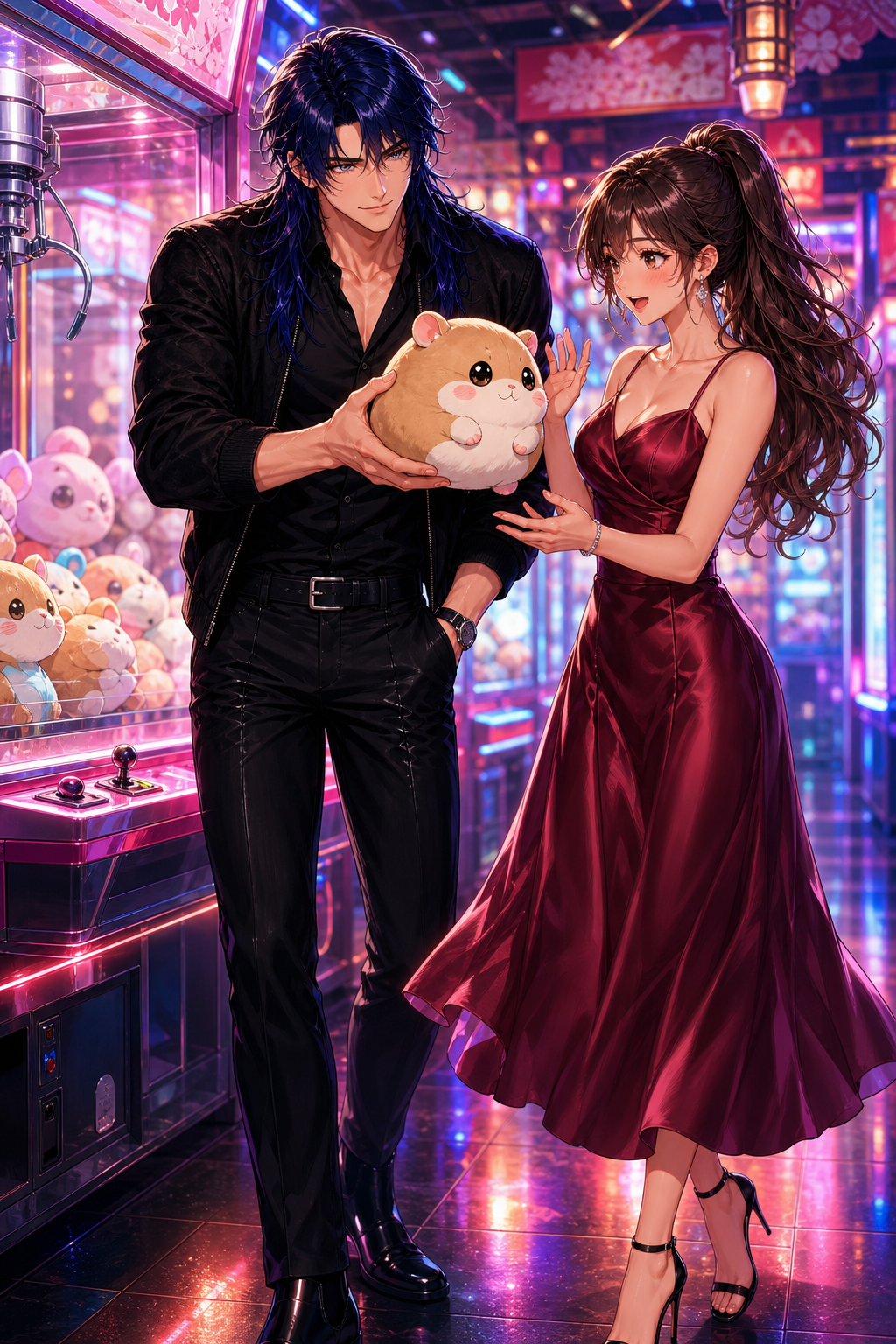 Use "andres3" as the character reference for Andres. Use "meek meek3" as the character reference for Meek Meek. Ultra cinematic anime illustration, luxury romance, vibrant arcade editorial. Inside a colorful Japanese-style arcade filled with lights and claw machines. Andres has finally won a cute hamster-like plush toy from the claw machine after many failed attempts. He proudly offers it to Meek Meek with a satisfied grin. She looks genuinely surprised and delighted while reaching out to accept the plush. Bright arcade lights reflect across the polished floor, creating a fun and energetic atmosphere. (Bloque fijo de ropa.) Andres exactly matches the reference image. He has long midnight-blue hair flowing naturally. He wears the exact same luxury black suede bomber jacket worn open over a fitted black long-sleeve button-up shirt with sleeves rolled to the forearms, tailored slim black trousers, polished black leather Chelsea boots, elegant silver wristwatch. No tie. No waistcoat. No necklace. No accessories around his neck. Meek Meek exactly matches the reference image. She has her long dark brown high ponytail, warm healthy light skin with subtle golden undertones, expressive brown eyes. She wears the exact same elegant satin burgundy midi dress with a flowing skirt, black high heels, small diamond earrings and one delicate bracelet. Negative prompt: realistic person, live action, photorealistic human, watermark, text, logo, duplicate characters, bad anatomy, bad hands, extra fingers, different outfits, necklace on Andres, NSFW.