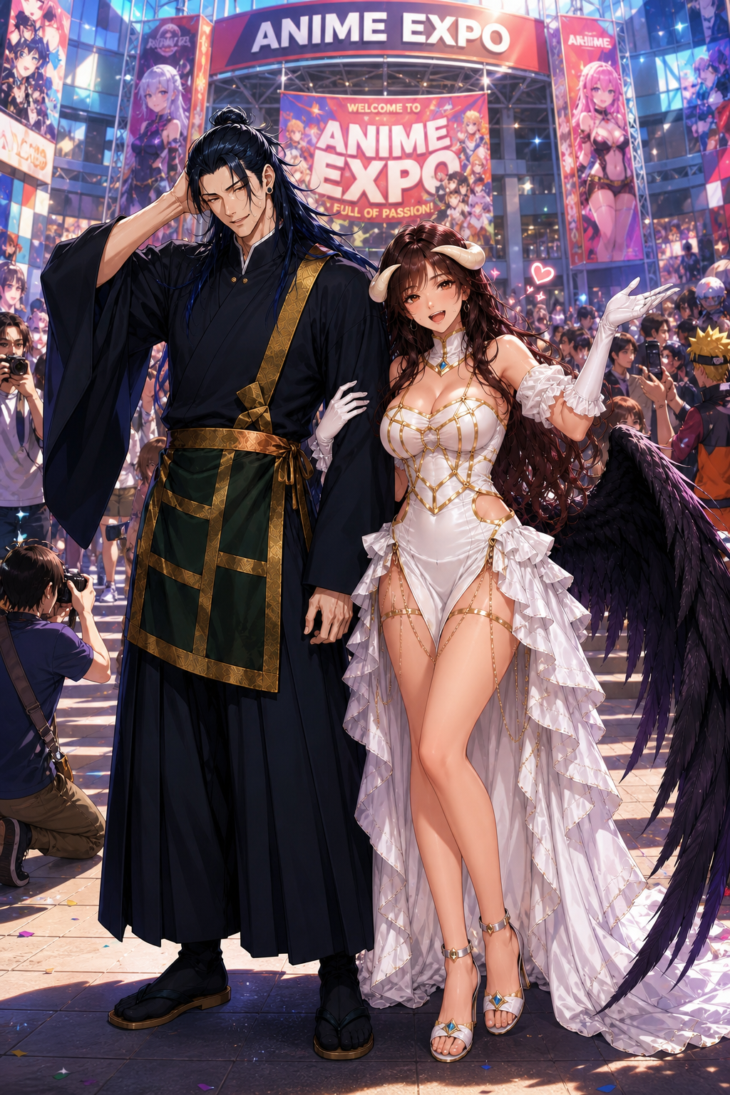 Use the first attached image as the reference for andres_suguru and the second attached image as the reference for meek meek_albedo. Preserve both characters' exact faces, hairstyles, eye colors, body proportions, and identities throughout the illustration. Andres is cosplaying Suguru Geto from Jujutsu Kaisen, wearing Suguru's traditional black robes, sandals, hairstyle, and overall appearance while remaining unmistakably Andres. Meek Meek is cosplaying Albedo from Overlord, wearing Albedo's elegant white dress, black feathered wings, horns, gloves, jewelry, and iconic hairstyle while clearly remaining Meek Meek. They stand in front of the grand entrance of a huge anime convention. Massive banners, colorful decorations, anime posters, excited cosplayers, photographers, and visitors fill the background. Meek Meek smiles with sparkling eyes, proudly posing with excitement. Andres stands beside her with an embarrassed smile, scratching the back of his head as if wondering why he agreed to this. The atmosphere is cheerful, romantic, and full of comedy. Highly anime illustration, cinematic lighting, colorful convention atmosphere, premium artwork.