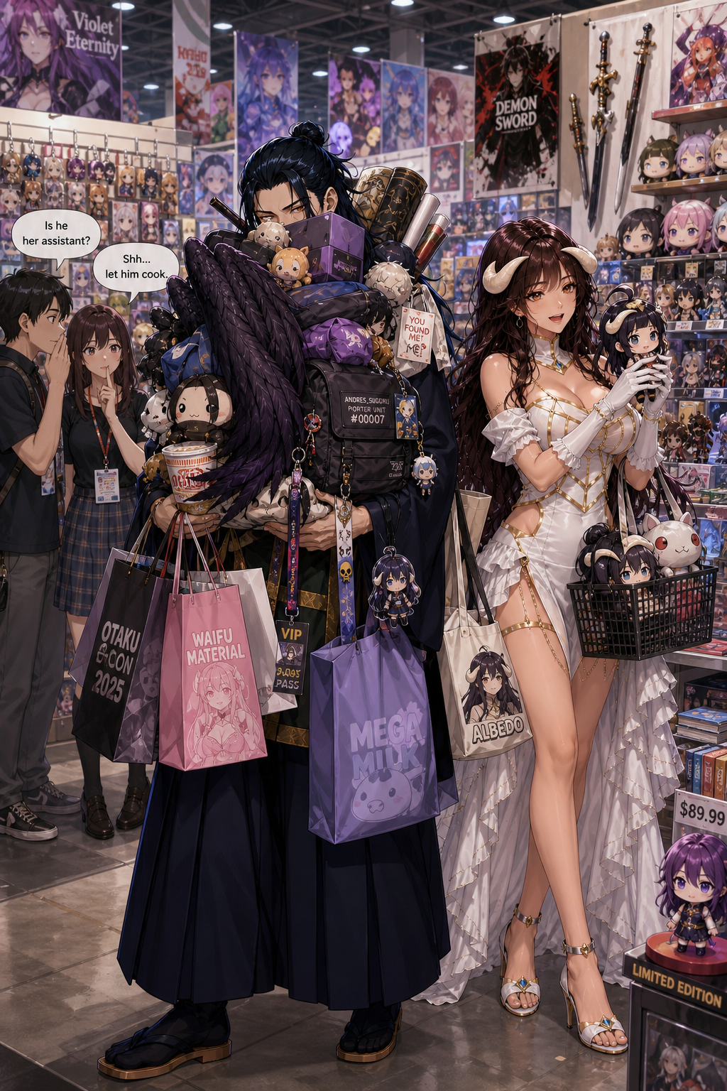 Use the first attached image as the reference for andres_suguru and the second attached image as the reference for meek meek_albedo. Preserve both characters' exact faces, hairstyles, eye colors, body proportions, and identities throughout the illustration. Use "andres_suguru" as Andres' reference and "meek meek_albedo" as Meek Meek's reference. Inside the convention shopping area filled with anime figures, plushies, keychains, posters, swords, manga, and collectibles. Meek Meek happily browses merchandise. Meanwhile Andres is carrying an absurd mountain of shopping bags, plushies, drinks, convention merchandise, a backpack, and even Meek Meek's folded wings. He can barely see over everything he's carrying. A nearby visitor quietly whispers to another: "Is he her assistant?" Andres simply accepts his fate. Comedy. Highly anime illustration. Convention atmosphere.
