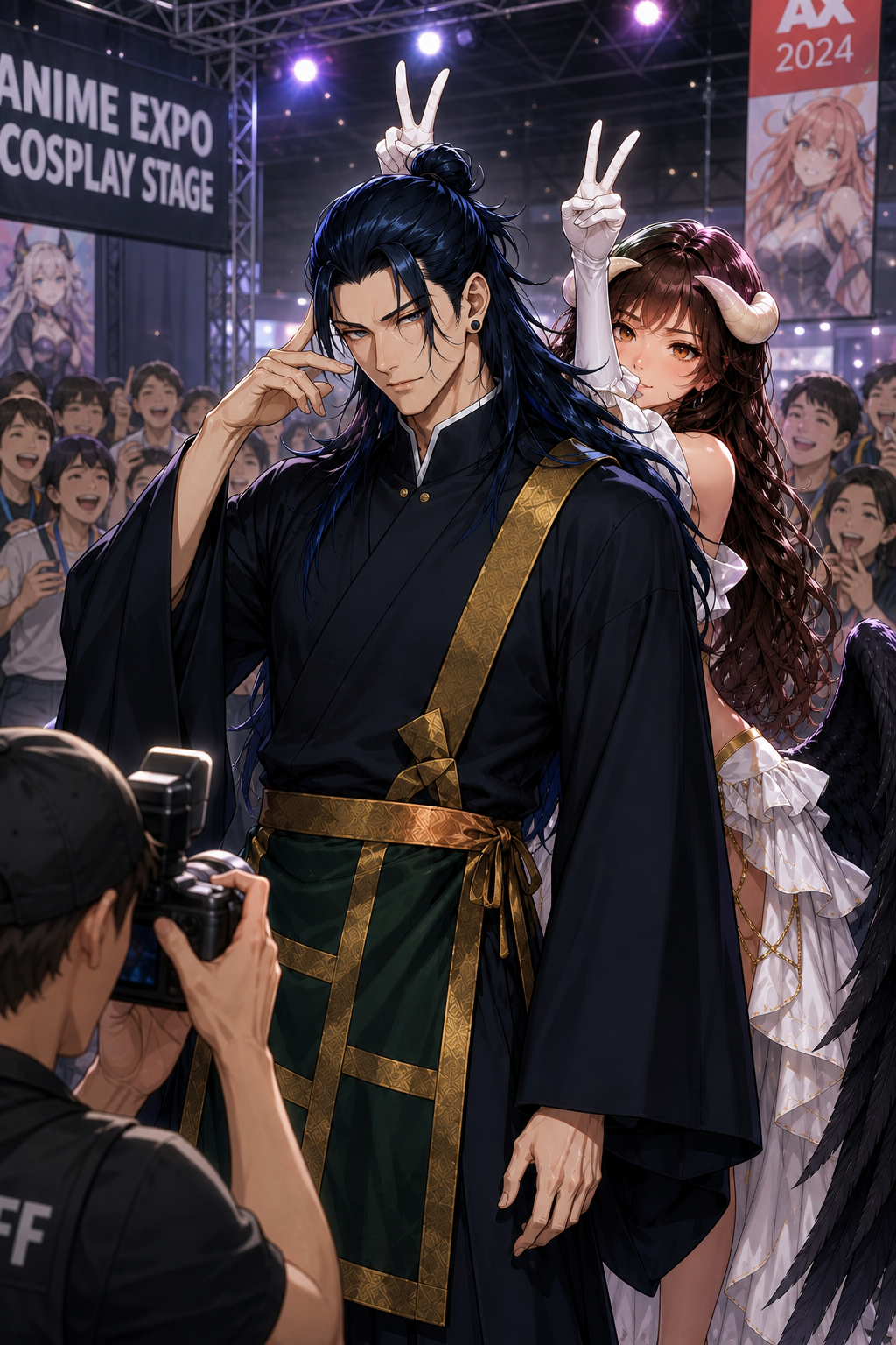 Use the first attached image as the reference for andres_suguru and the second attached image as the reference for meek meek_albedo. Preserve both characters' exact faces, hairstyles, eye colors, body proportions, and identities throughout the illustration. Use "andres_suguru" as Andres' reference and "meek meek_albedo" as Meek Meek's reference. Inside the convention cosplay stage. For the very first time all day someone recognizes Andres' Suguru Geto cosplay. A photographer asks for his picture. Andres immediately strikes an extremely cool, serious pose. At the exact moment the photo is taken... Meek Meek quietly sneaks behind him and makes bunny ears above his head while desperately trying not to laugh. The photographer bursts into laughter. Nearby visitors begin laughing too. Andres slowly realizes what happened before sighing in defeat. Cute romantic comedy. Highly anime illustration. .