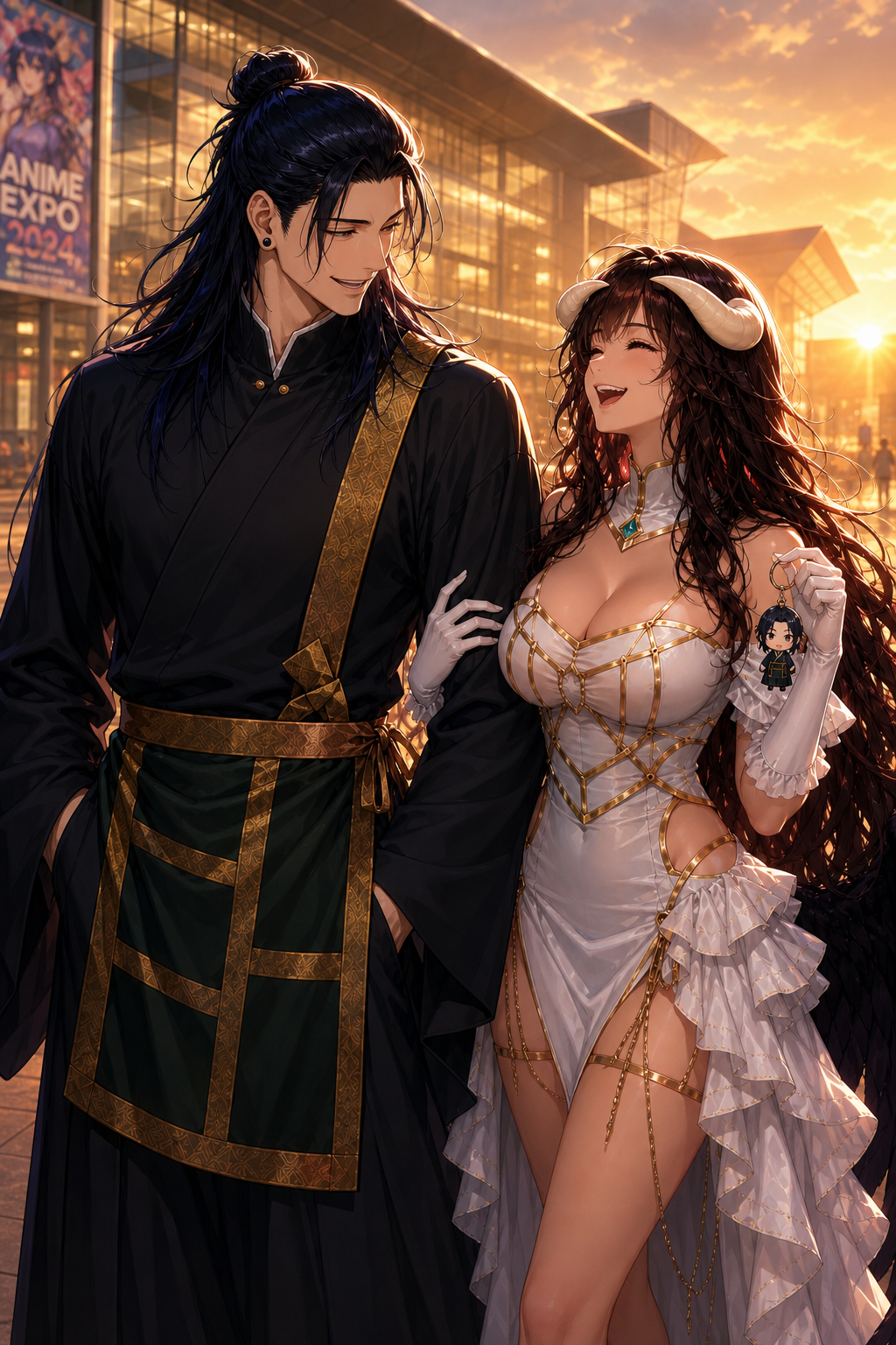 Use the first attached image as the reference for andres_suguru and the second attached image as the reference for meek meek_albedo. Preserve both characters' exact faces, hairstyles, eye colors, body proportions, and identities throughout the illustration. Use "andres_suguru" as Andres' reference and "meek meek_albedo" as Meek Meek's reference. Outside the convention during a beautiful golden sunset. The crowds have almost disappeared. The convention center glows warmly in the background. A friendly photographer offers to take one final picture. Instead of posing... Andres and Meek Meek naturally look at each other before bursting into genuine laughter while remembering everything that happened throughout the day. Meek Meek gently holds Andres' arm. In her other hand she secretly reveals a small Suguru Geto keychain she bought as a surprise gift for him. Andres smiles warmly, completely forgetting how embarrassed he felt earlier. The atmosphere is wholesome, romantic, warm, and filled with genuine happiness. This becomes their favorite photograph of the entire convention. Highly anime illustration. . Cinematic sunset lighting.