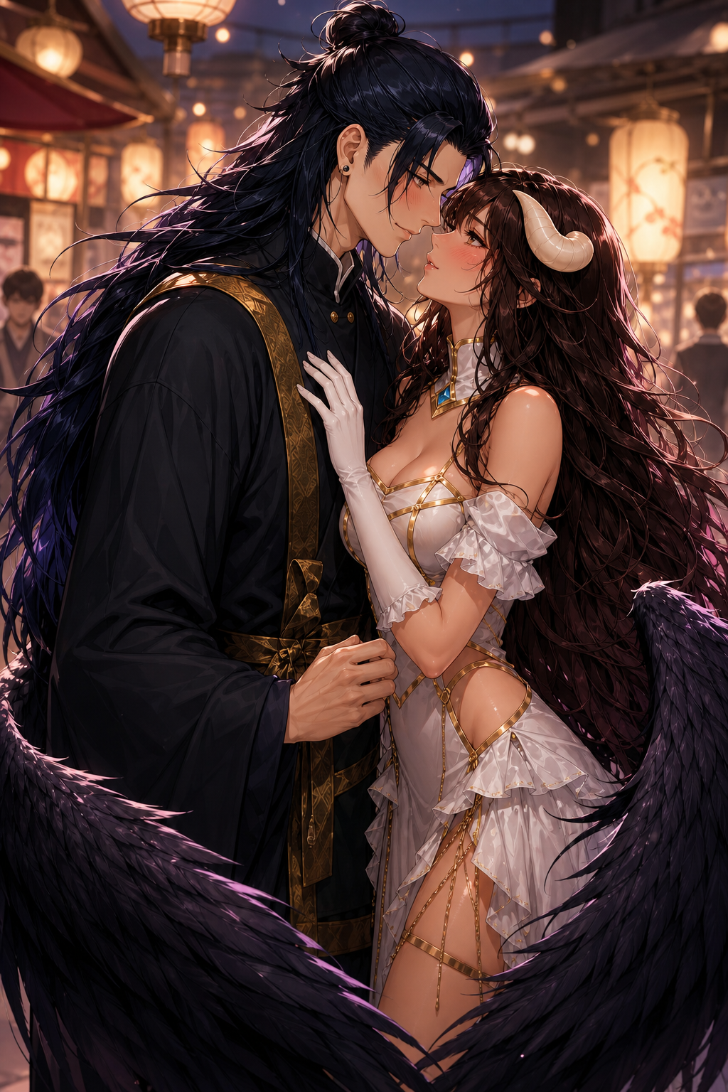 Use the first attached image as the reference for andres_suguru and the second attached image as the reference for meek meek_albedo. Preserve both characters' exact faces, hairstyles, eye colors, body proportions, and identities throughout the illustration. Use "andres_suguru" as Andres' reference and "meek meek_albedo" as Meek Meek's reference. Preserve both characters exactly as they appear in their reference images. Inside a quiet corner of the anime convention, away from the noisy crowds. Warm ambient lighting from decorative lanterns and convention lights creates an intimate atmosphere. A few blurred visitors can be seen in the distant background. After laughing together all day, Andres and Meek Meek stand facing each other. Their faces are only a few centimeters apart. Their noses almost touch. They gaze softly into each other's eyes with warm smiles, both slightly blushing. Meek Meek gently places one hand on Andres' chest while Andres softly holds one of her hands. The moment feels as though they are about to share their very first kiss... ...but neither of them moves. There is a sweet, playful tension between them, as if both are silently wondering who will make the first move. Her large black wings are partially wrapped around them, creating a private, intimate space. Romantic atmosphere. No kiss. No physical contact between their lips. Elegant, wholesome romance. Highly anime illustration. Cinematic lighting. .