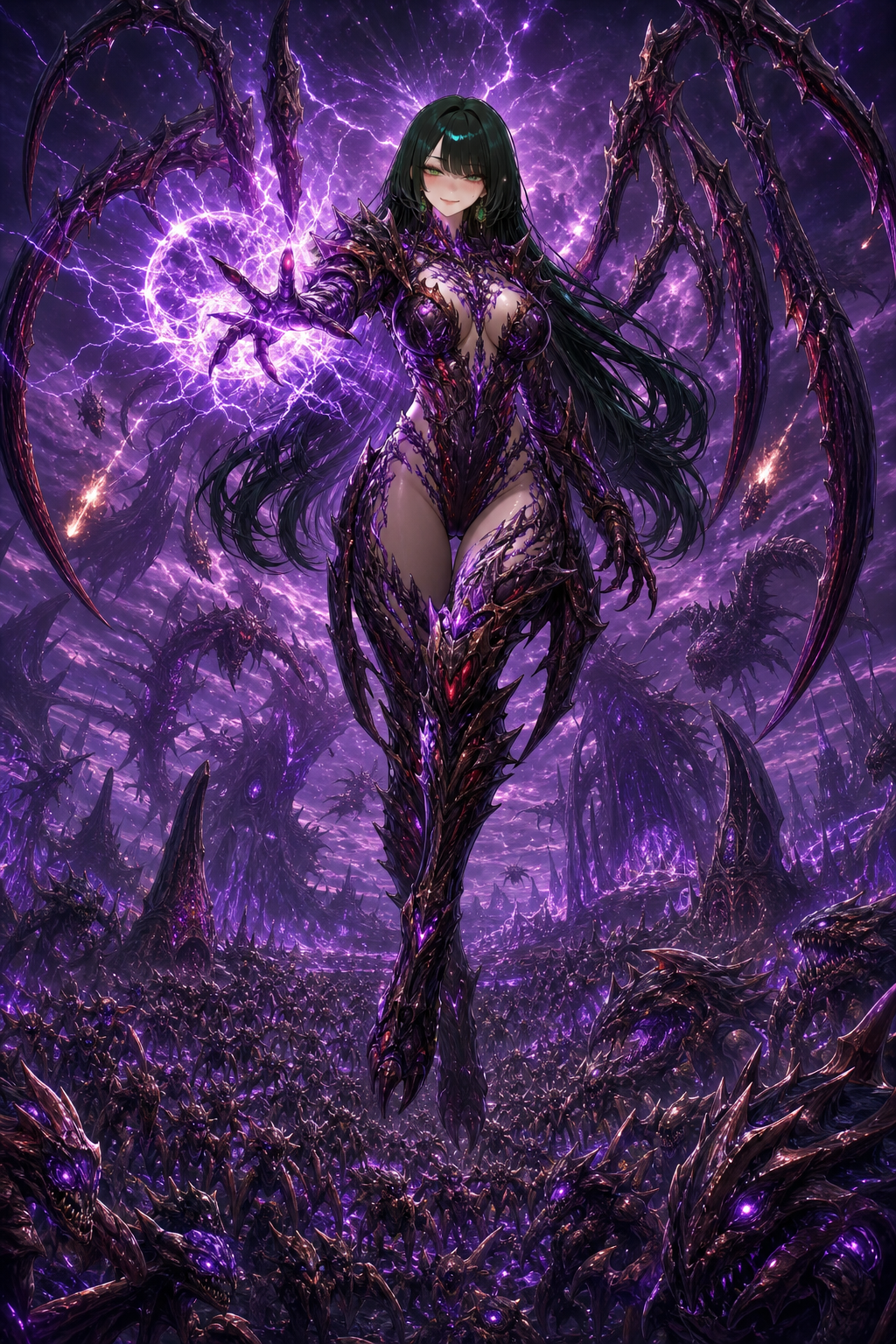 Using the reference character exactly as provided, transform Natalia into the Queen of Blades Sarah Kerrigan from StarCraft while preserving Natalia's original face, long black hair, emerald green eyes, soft smile, mature feminine proportions, and recognizable identity. She is not Sarah Kerrigan herself; she is Natalia reimagined as the Queen of Blades. Her body is covered by an elegant living Zerg biomechanical armor in black, deep violet and crimson with glowing purple veins. Six gigantic curved Zerg blade wings emerge from her back, identical in silhouette to Kerrigan's iconic wings. Organic armor wraps around her body while leaving tasteful openings similar to Kerrigan's original design. She is floating high above the battlefield, extending one hand toward the viewer while creating an enormous sphere of violent violet psionic energy. Purple lightning erupts across the sky and immense waves of psychic power distort reality around her. Below her stretches an endless Zerg Swarm: thousands of Zerglings, Hydralisks, Mutalisks, Ultralisks, Corruptors, Brood Lords and massive Leviathans covering the entire horizon. The swarm is looking upward toward their queen, obeying her command. The battlefield is a gigantic alien hive world with organic towers, living structures, rivers of bioluminescent biomass, floating spores, dark clouds, meteors and cosmic nebulae. The entire sky glows with purple psionic storms. Natalia is clearly the absolute focal point of the composition, standing above her entire army like a supreme empress. The scene must communicate overwhelming power, domination, elegance and divinity. Ultra-anime illustration inspired by Blizzard cinematic quality mixed with modern high-end anime artwork. Extremely dynamic composition, dramatic cinematic lighting, glowing purple energy, enormous sense of scale, razor-sharp details, composition, epic fantasy sci-fi atmosphere. Negative Prompt low quality, blurry, extra limbs, extra arms, duplicate body, multiple faces, cropped, watermark, logo, text, frame, border, deformed anatomy, malformed wings, bad hands, bad fingers, realistic human skin armor, mechanical robot armor, chibi, western cartoon, low resolution, empty background, simple background, out of frame.