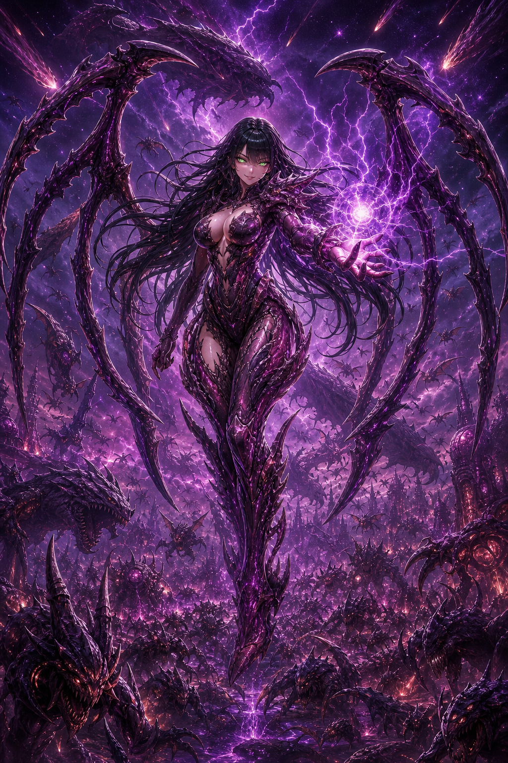 Using the reference character exactly as provided, transform Natalia into the legendary Queen of Blades inspired by Sarah Kerrigan from StarCraft while preserving Natalia's original identity. Keep her beautiful mature anime face, long flowing black hair, emerald green eyes, seductive smile, elegant feminine proportions and unmistakable appearance. She is Natalia herself, not Sarah Kerrigan. Natalia wears an elegant living Zerg biomechanical armor made of glossy black chitin with glowing violet and crimson veins. The armor organically wraps around her body with intricate alien details while maintaining a regal and seductive appearance. Her emerald green eyes are glowing intensely, radiating overwhelming psionic power. Her pupils shine with supernatural light. Her long black hair flows violently through the air, whipped by the immense psychic energy surrounding her, with every strand moving dynamically. Six gigantic organic Kerrigan-style blade wings emerge from her back, enormous, razor sharp and beautifully curved. They frame her body like the wings of a dark goddess. Natalia floats high above the battlefield, looking directly at the viewer with complete confidence and absolute dominance. She extends one arm forward while forming an enormous blazing sphere of violet psionic energy in her palm. Gigantic arcs of purple lightning explode from the sphere, illuminating the battlefield and tearing open the sky. Below her stretches an endless Zerg Swarm, with countless Zerglings, Hydralisks, Mutalisks, Ultralisks, Corruptors, Brood Lords and colossal Leviathans covering the horizon in every direction. Every Zerg creature is roaring toward the heavens, staring only at their queen, awaiting her command. The battlefield is an immense alien hive world filled with living Zerg structures, gigantic organic towers, rivers of glowing biomass, floating spores, burning meteors, nebulae and colossal purple psionic storms. Massive Leviathans fly through the storm clouds while thousands of flying Zerg darken the sky. Natalia is unquestionably the center of the composition, towering above her entire army like an unstoppable empress. The perspective is cinematic and low-angle, emphasizing her divine presence and overwhelming scale. The composition must communicate absolute domination, elegance, beauty, terror and supreme power. Ultra anime illustration, Blizzard cinematic quality mixed with high-end modern anime artwork, extremely dynamic composition, dramatic lighting, vibrant purple energy, razor-sharp details, glossy reflections, beautiful glowing effects, cinematic atmosphere, breathtaking scale, legendary fantasy sci-fi illustration. Negative Prompt low quality, blurry, watermark, logo, text, frame, border, cropped, duplicate body, duplicate face, extra limbs, extra arms, extra fingers, bad anatomy, malformed hands, deformed wings, flat lighting, washed colors, empty background, simple background, western cartoon, chibi, low resolution, realistic human armor, mechanical robot armor, ugly face, expressionless face, short hair, static hair, closed eyes, dull eyes, weak energy, small wings, tiny battlefield, missing Zerg army, missing Leviathans, poorly background.