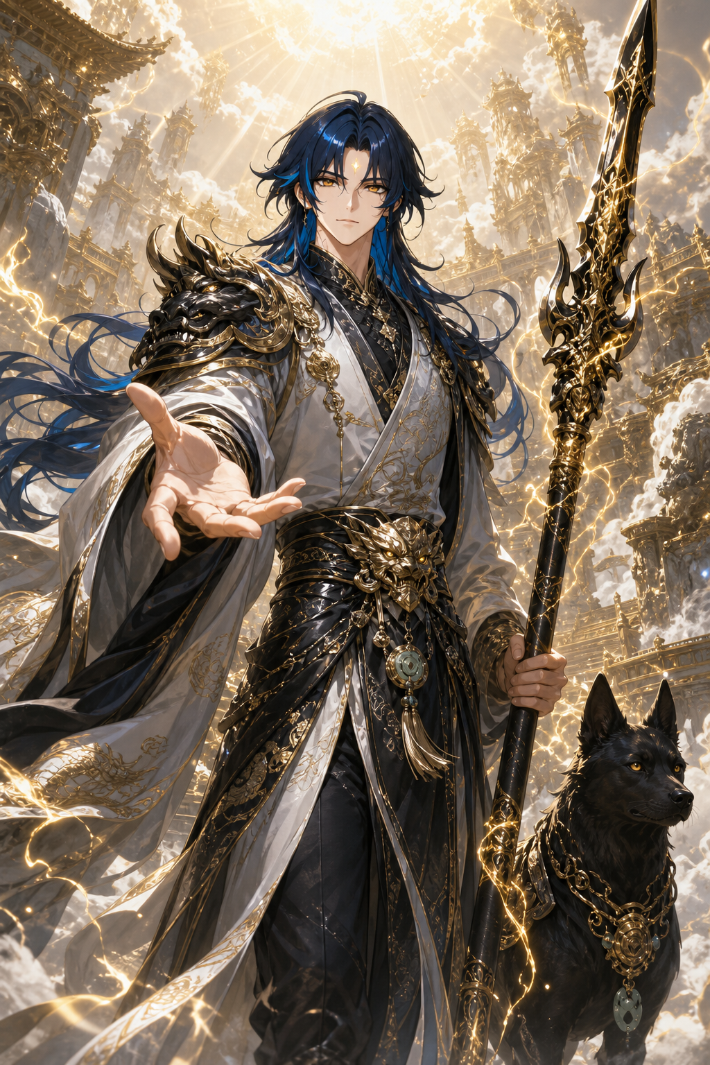 Using the attached reference image ONLY to preserve Andres' exact facial identity, hairstyle, facial proportions, golden eyes, calm expression, and overall recognizability. Create an original illustration heavily inspired by the artistic atmosphere of Black Myth: Wukong, portraying Andres as a majestic celestial divine warrior inspired by Erlang, without recreating any official artwork. IMPORTANT:
Andres MUST remain instantly recognizable as the OC from the reference.
Do NOT redesign his face.
Keep his handsome youthful masculine features exactly.
Keep his long dark navy-blue hair with subtle blue highlights flowing naturally in the wind.
Maintain his calm, confident and divine expression. The composition must feel like an official AAA promotional key visual. Camera:
Eye-level perspective.
Slightly low angle only.
Andres occupies nearly 80% of the image.
Upper thighs to head visible.
Hero centered composition. Pose:
Andres calmly walks forward while extending one hand toward the viewer, inviting yet overwhelming.
The other hand firmly carries an enormous celestial spear resting beside him. Weapon:
A gigantic ornate Chinese divine spear inspired by Erlang's weapon.
Black celestial steel.
Ancient gold engravings.
Dragon motifs.
Glowing golden divine energy flowing through every engraving.
No oversized fantasy spikes.
Elegant, ancient and believable craftsmanship. Armor:
Luxurious white and black celestial robes mixed with elegant divine armor.
Rich Chinese mythology aesthetics.
Gold embroidery.
Dragon shoulder guards.
Ancient jade ornaments.
Floating silk ribbons.
Long flowing sleeves.
Premium materials.
Everything extremely . Hair:
Very long flowing navy-blue hair.
Natural volume.
Elegant strands.
Soft movement.
No ponytail.
No messy anime spikes. Expression:
Absolute confidence.
Calm divine authority.
Compassion mixed with overwhelming power.
Golden glowing eyes.
Small golden third-eye mark. Environment:
The Heavenly Court floating high above the clouds.
Gigantic floating Chinese palaces.
Ancient heavenly temples.
Floating mountains.
Golden bridges.
Massive stairways disappearing into the clouds.
Thousands of sun rays piercing the heavens.
Soft volumetric clouds.
Sacred atmosphere. Companion:
A majestic celestial black hound beside Andres.
Elegant proportions.
Intelligent golden eyes.
Ancient divine ornaments.
Loyal guardian.
Never steals the attention. Lighting:
Warm divine sunlight.
Strong volumetric lighting.
God rays.
Golden particles.
Cinematic HDR.
Soft bloom.
AAA global illumination. Effects:
Golden lightning dancing around the spear.
Tiny floating divine particles.
Subtle magical aura.
Wind moving every cloth naturally.
No excessive magic circles.
No clutter. Color palette:
White.
Gold.
Black.
Soft blue accents.
Warm heavenly light. Style:
Official AAA fantasy game key visual.
Premium Chinese fantasy concept art.
Black Myth: Wukong visual quality.
Ultra .
Elegant.
Cinematic.
Epic.
Highly polished.
Museum-quality digital painting. Negative:
anime screenshot, chibi, cartoon, western comic, oversized muscles, excessive armor, sci-fi, cyberpunk, low detail, blurry, extra limbs, duplicate weapon, duplicate dog, multiple characters, text, logo, watermark, frame, oversaturated colors, dark image, horror, exaggerated effects, cluttered composition.