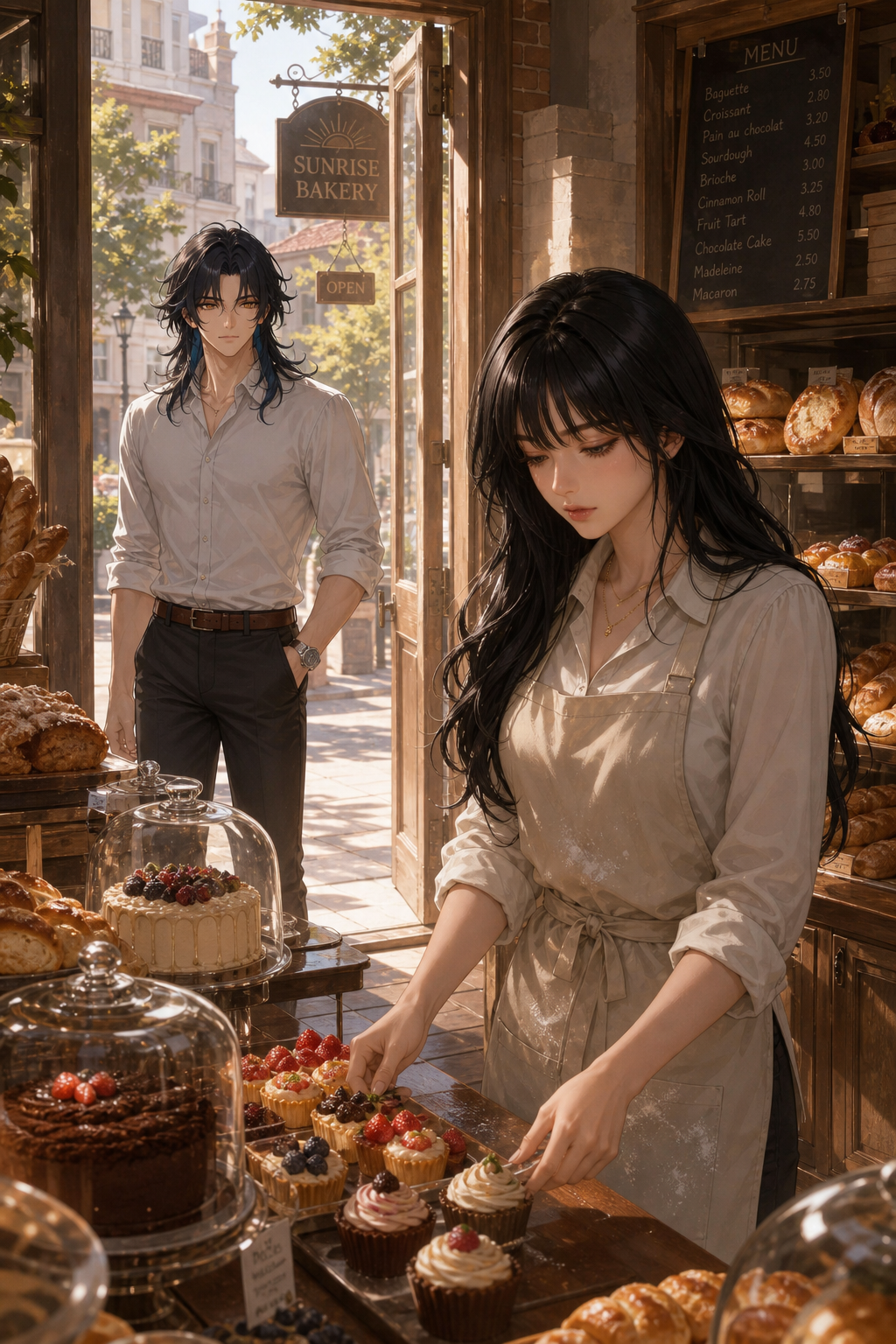 Eleanor (TODAS las escenas)
Long wavy black hair with soft bangs.
Blue-gray eyes.
Soft natural makeup.
Cream long-sleeve baker blouse, sleeves slightly rolled up.
Light beige professional baker apron tied around the waist.
Slim dark pants.
White bakery sneakers.
Small gold necklace.
A light dusting of flour on the apron and sleeves.
Andres (Escenas 1,2,4,5,6,7)
Long layered dark navy-blue hair.
Golden amber eyes.
Handsome youthful face.
White fitted shirt with sleeves rolled to the elbows.
Dark charcoal jeans.
Brown leather belt.
Black casual leather shoes.
Simple silver wristwatch.
Calm and gentle expression. Use ONLY the provided reference images for Eleanor and Andres. Premium Semi-Realistic Korean Webtoon Character Art. Morning. Exterior and interior transition of the bakery. Andres walks into the bakery after noticing the smell of fresh bread. He keeps wearing exactly the same casual outfit:
white fitted rolled-sleeve shirt, dark charcoal jeans, black shoes, silver watch. Inside, Eleanor is already working behind the counter wearing exactly the same bakery outfit:
cream baker blouse, beige apron, dark pants, white sneakers. Warm sunrise lighting. Fresh bread, cakes and pastries everywhere. Eleanor is focused on arranging pastries while Andres quietly enters. Natural cinematic composition. Portrait orientation.