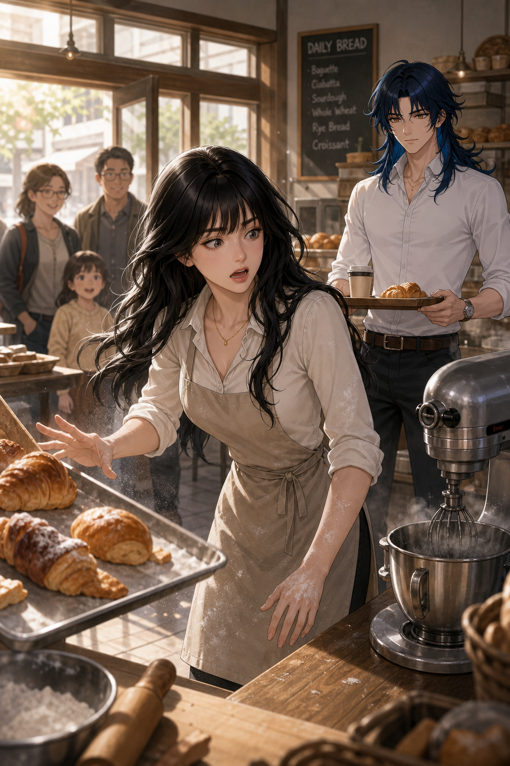 Eleanor (TODAS las escenas)
Long wavy black hair with soft bangs.
Blue-gray eyes.
Soft natural makeup.
Cream long-sleeve baker blouse, sleeves slightly rolled up.
Light beige professional baker apron tied around the waist.
Slim dark pants.
White bakery sneakers.
Small gold necklace.
A light dusting of flour on the apron and sleeves.
Andres (Escenas 1,2,4,5,6,7)
Long layered dark navy-blue hair.
Golden amber eyes.
Handsome youthful face.
White fitted shirt with sleeves rolled to the elbows.
Dark charcoal jeans.
Brown leather belt.
Black casual leather shoes.
Simple silver wristwatch.
Calm and gentle expression. Use ONLY the provided reference images. Premium Semi-Realistic Korean Webtoon Character Art. The morning rush begins. Eleanor, still wearing exactly the same bakery outfit, struggles to manage everything alone. A tray almost falls. The mixer suddenly stops working. Customers begin entering. Andres, wearing exactly the same casual outfit, quietly watches the situation while holding a breakfast tray. No physical contact yet. Warm bakery atmosphere. Portrait orientation.