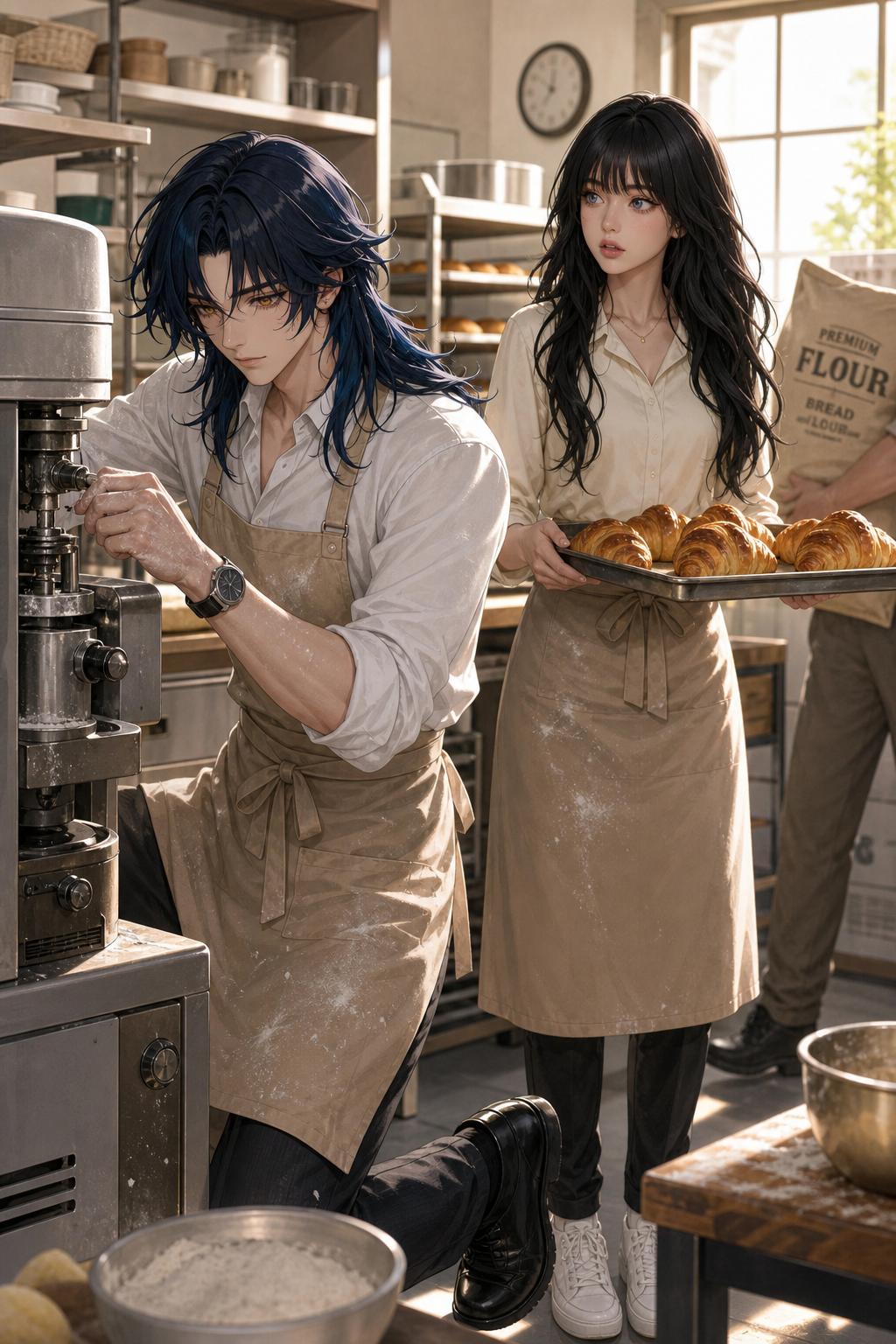 Eleanor (TODAS las escenas)
Long wavy black hair with soft bangs.
Blue-gray eyes.
Soft natural makeup.
Cream long-sleeve baker blouse, sleeves slightly rolled up.
Light beige professional baker apron tied around the waist.
Slim dark pants.
White bakery sneakers.
Small gold necklace.
A light dusting of flour on the apron and sleeves.
Andres (Escenas 1,2,4,5,6,7)
Long layered dark navy-blue hair.
Golden amber eyes.
Handsome youthful face.
White fitted shirt with sleeves rolled to the elbows.
Dark charcoal jeans.
Brown leather belt.
Black casual leather shoes.
Simple silver wristwatch.
Calm and gentle expression.
sleeves rolled higher, apron borrowed from Eleanor, a little flour on his shirt, fixing the mixer and carrying flour bags. Use ONLY the provided reference images. Premium Semi-Realistic Korean Webtoon Character Art. Andres decides to help. He now wears the SAME casual outfit, but with Eleanor's beige bakery apron borrowed over his white shirt. His sleeves are rolled higher. A little flour stains his shirt and hands. He repairs the bakery mixer while another hand carries a heavy flour bag toward storage. Eleanor watches him with genuine surprise while holding a tray of croissants. The bakery is becoming organized again. Warm sunlight. Portrait orientation.