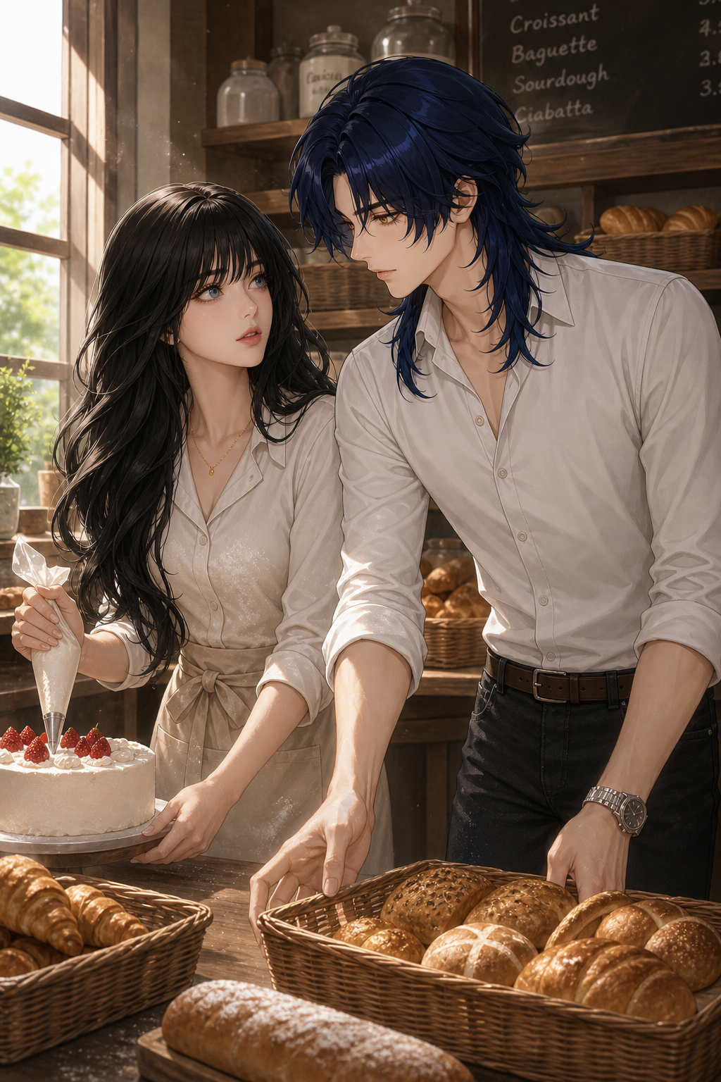 Eleanor (TODAS las escenas)
Long wavy black hair with soft bangs.
Blue-gray eyes.
Soft natural makeup.
Cream long-sleeve baker blouse, sleeves slightly rolled up.
Light beige professional baker apron tied around the waist.
Slim dark pants.
White bakery sneakers.
Small gold necklace.
A light dusting of flour on the apron and sleeves.
Andres (Escenas 1,2,4,5,6,7)
Long layered dark navy-blue hair.
Golden amber eyes.
Handsome youthful face.
White fitted shirt with sleeves rolled to the elbows.
Dark charcoal jeans.
Brown leather belt.
Black casual leather shoes.
Simple silver wristwatch.
Calm and gentle expression. Use ONLY the provided reference images. Premium Semi-Realistic Korean Webtoon Character Art. The bakery is running smoothly again. Eleanor continues wearing exactly the same bakery outfit. Andres wears his original casual outfit again after removing the borrowed apron. The two work naturally together. She decorates cakes. He places fresh bread into baskets. Their hands almost touch while reaching for the same tray. Both freeze for a brief second. Soft eye contact. Subtle romantic tension. Morning sunlight. Portrait orientation.