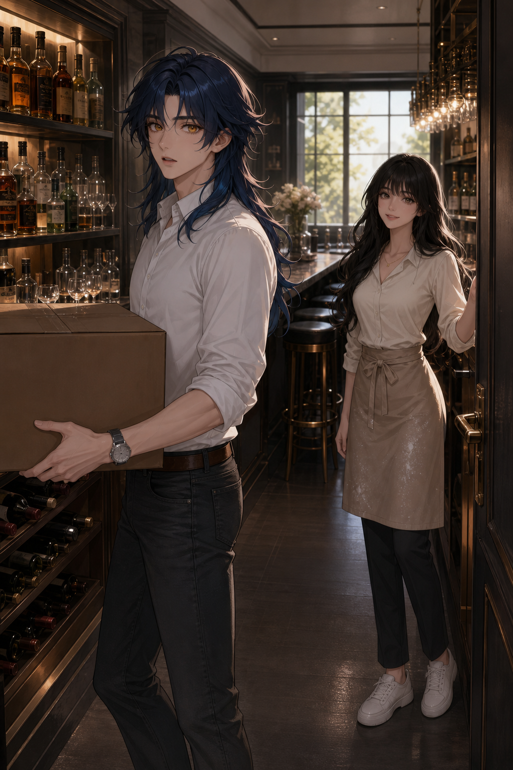 Eleanor (TODAS las escenas)
Long wavy black hair with soft bangs.
Blue-gray eyes.
Soft natural makeup.
Cream long-sleeve baker blouse, sleeves slightly rolled up.
Light beige professional baker apron tied around the waist.
Slim dark pants.
White bakery sneakers.
Small gold necklace.
A light dusting of flour on the apron and sleeves.
Andres (Escenas 1,2,4,5,6,7)
Long layered dark navy-blue hair.
Golden amber eyes.
Handsome youthful face.
White fitted shirt with sleeves rolled to the elbows.
Dark charcoal jeans.
Brown leather belt.
Black casual leather shoes.
Simple silver wristwatch.
Calm and gentle expression. Use ONLY the provided reference images. Premium Semi-Realistic Korean Webtoon Character Art. While carrying another box toward the back room, Andres discovers an elegant hidden bar. Rows of expensive liquor bottles. Wine shelves. Cocktail glasses. Luxury bar counter. Morning light still enters through the back windows. Andres keeps wearing exactly the same casual outfit. Eleanor, still wearing exactly the same bakery outfit, smiles after noticing his surprised expression. Portrait orientation.