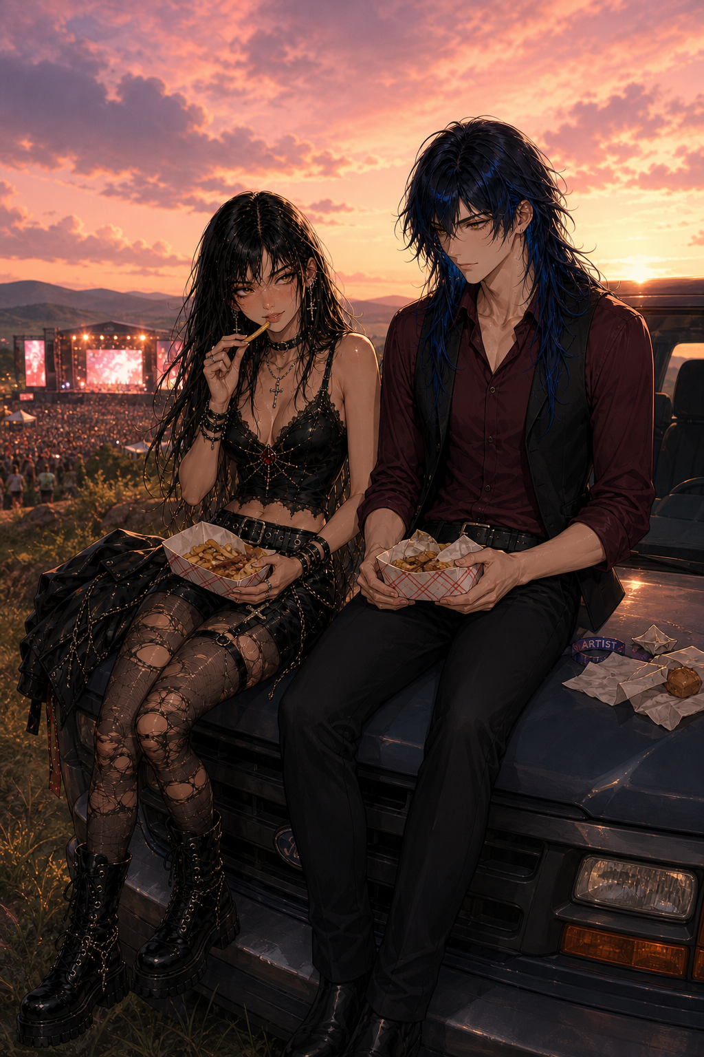 Use the provided Mara and Andres character reference images as strict identity references. Preserve their facial identity, hairstyles, eye colors, body proportions and overall visual design consistently throughout the entire series. ANDRES — FIXED OUTFIT, MUST NOT CHANGE:
very dark burgundy fitted button-up shirt, sleeves rolled to the forearms, fitted black waistcoat worn open, black fitted trousers, simple black leather belt, black Chelsea boots, no tie, no arm straps, no white shirt, no original reference outfit, no outfit changes.
Preserve this exact clothing combination in every scene. Same Andres and Mara identities, exact same clothing. After the concert, outdoors during a gorgeous pink-and-orange sunset. A tour van is parked on a grassy overlook near the festival. The distant stage and remaining crowd are visible behind them, still glowing in the evening sunlight. Mara and Andres sit casually side by side on the hood of the tour van eating messy festival street food from paper containers. Mara has removed her leather jacket and placed it beside her, but everything else remains identical. Andres looks sideways at Mara with a suspiciously amused expression, clearly questioning whether one of the songs she performed was actually about somebody real. Mara freezes for half a second with a french fry or piece of food halfway toward her mouth. Then she gives him the most deliberately innocent expression imaginable. One eyebrow slightly raised. Tiny smile she is unsuccessfully trying to hide. Her entire face says: “Completely fictional.” Andres clearly does not believe her. Comfortable playful chemistry, legs casually hanging from the van, discarded festival wristbands and food containers nearby, beautiful expansive sky, warm natural skin tones, wind gently moving their hair. Make this scene funny through facial expressions rather than exaggerated gestures.