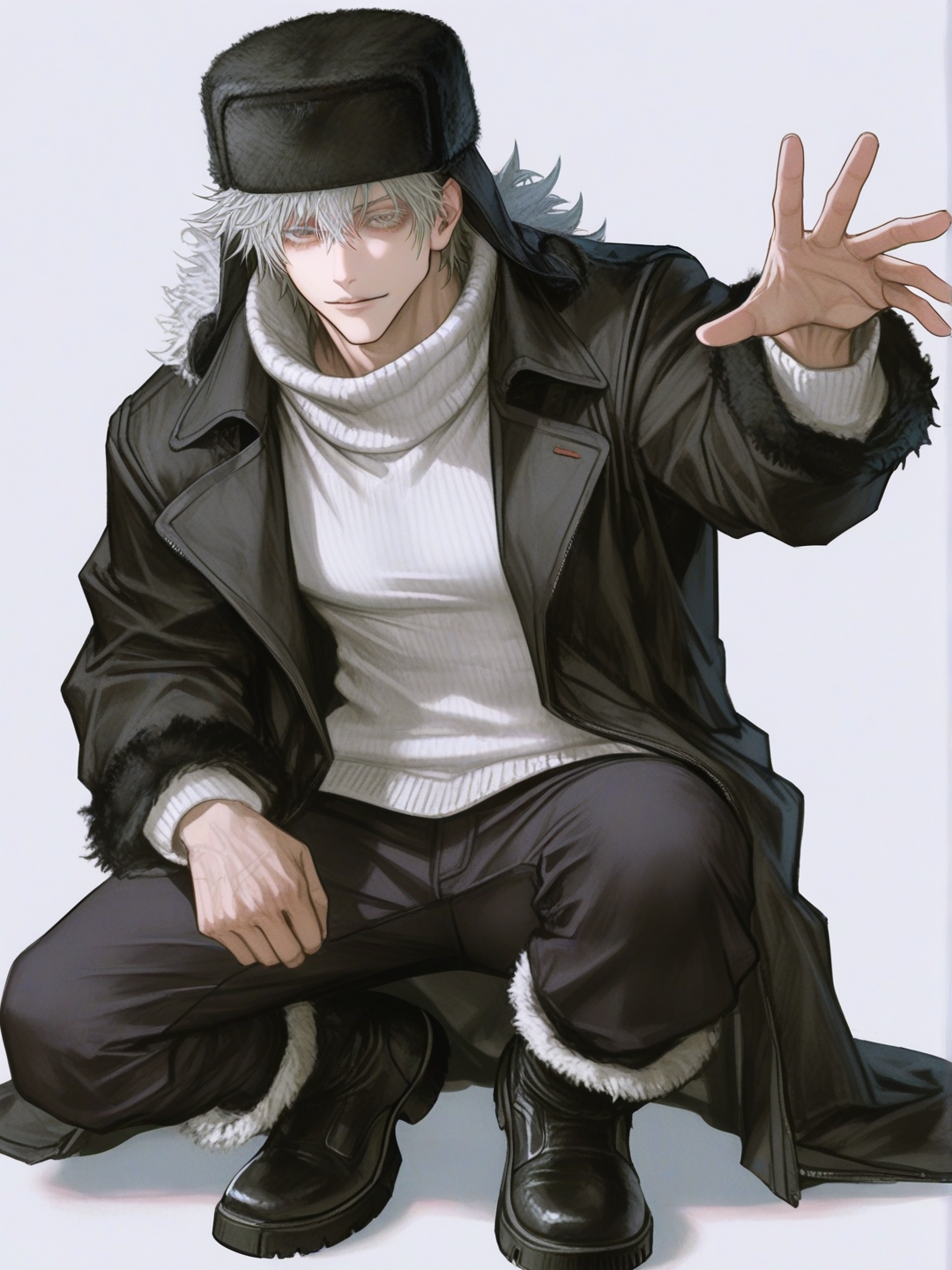 [semi-realistic-portrait-style] 1boy, jujutsu kaisen style, mature male, athletic, muscular, tall, dark skin, black hair, short afro, silver hair, blue-tinted hair, black ushanka, white fur trim, black overcoat, white fur trim, snow boots, white sweater, black pants, single character, full body, looking at viewer, anime style, simple background, white background