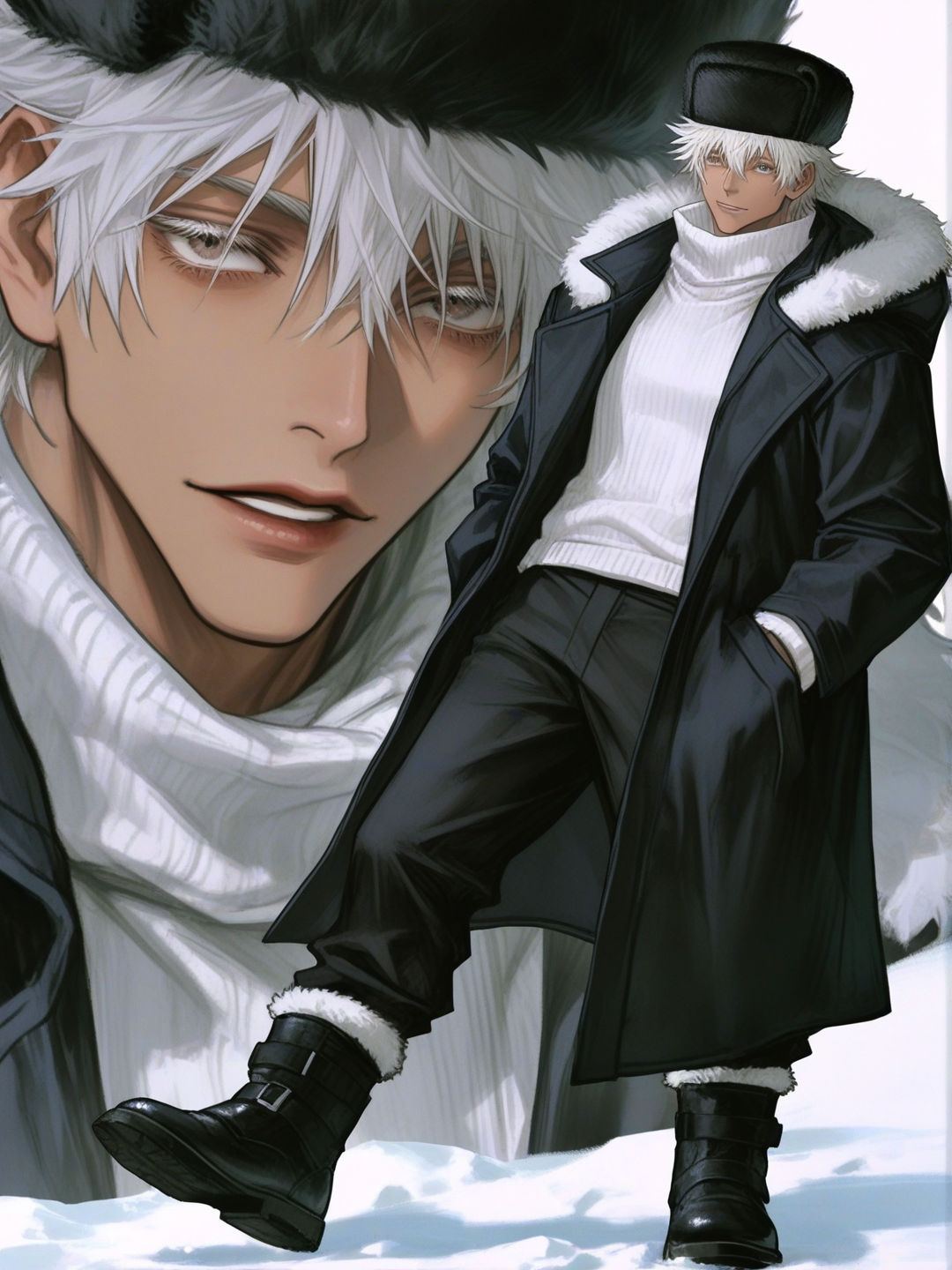 [semi-realistic-portrait-style] 1boy, jujutsu kaisen style, mature male, athletic, muscular, tall, dark skin, african american, black hair, short afro, silver hair, blue-tinted hair, black ushanka, white fur trim, black overcoat, white fur trim, snow boots, white sweater, black pants, single character, full body, looking at viewer, anime style, simple background, white background