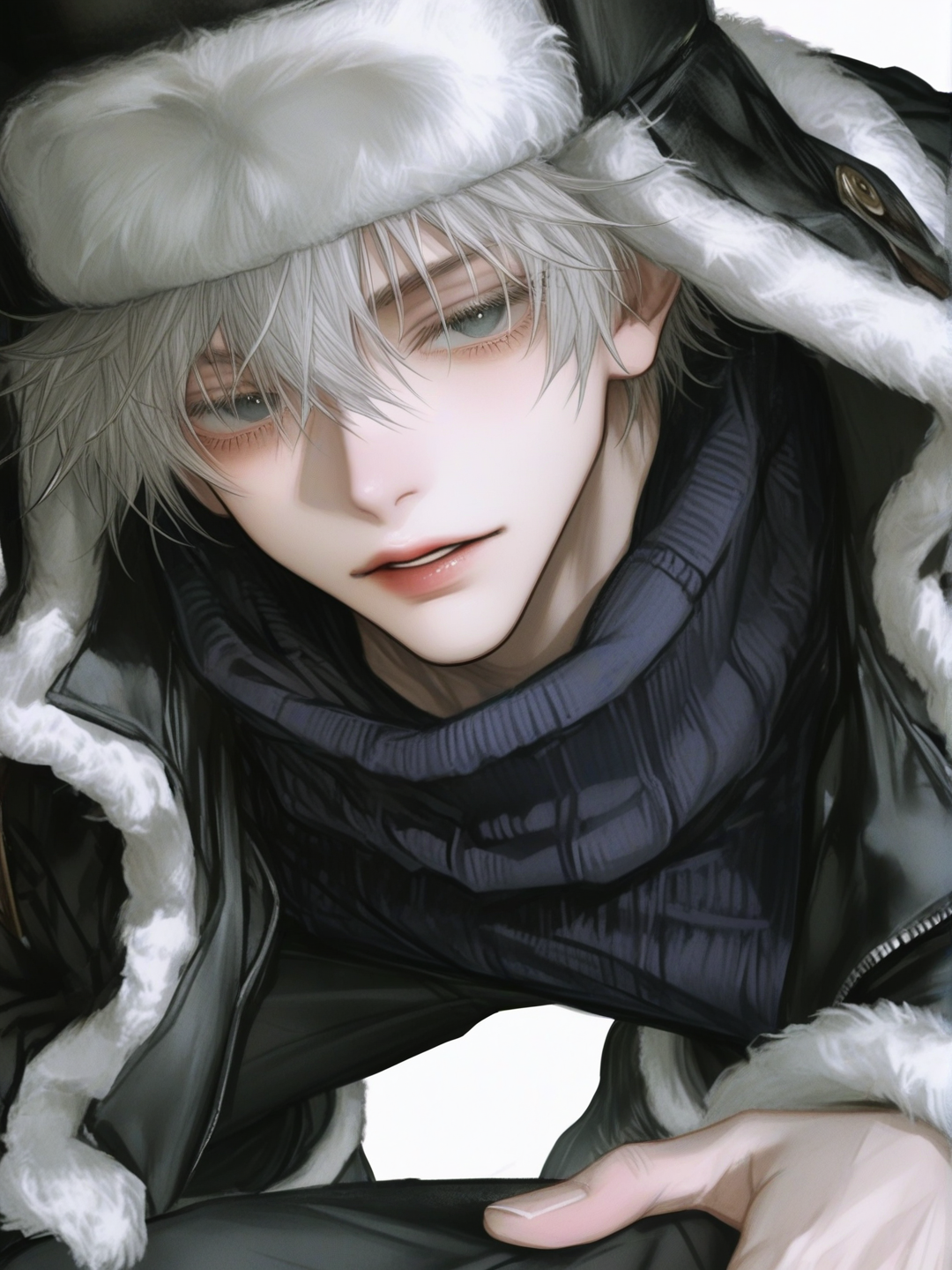 [semi-realistic-portrait-style] 1boy, jujutsu_kaisen_style, semi_realistic, mature_male, athletic, muscular, tall, dark_skinned_male, black_hair, short_afro, silver_hair, blue-tinted, black_ushanka, black_overcoat, white_fur_trim, snow_boots, white_sweater, black_pants, solo, full_body, looking_at_viewer, simple_background, white_background, single_character