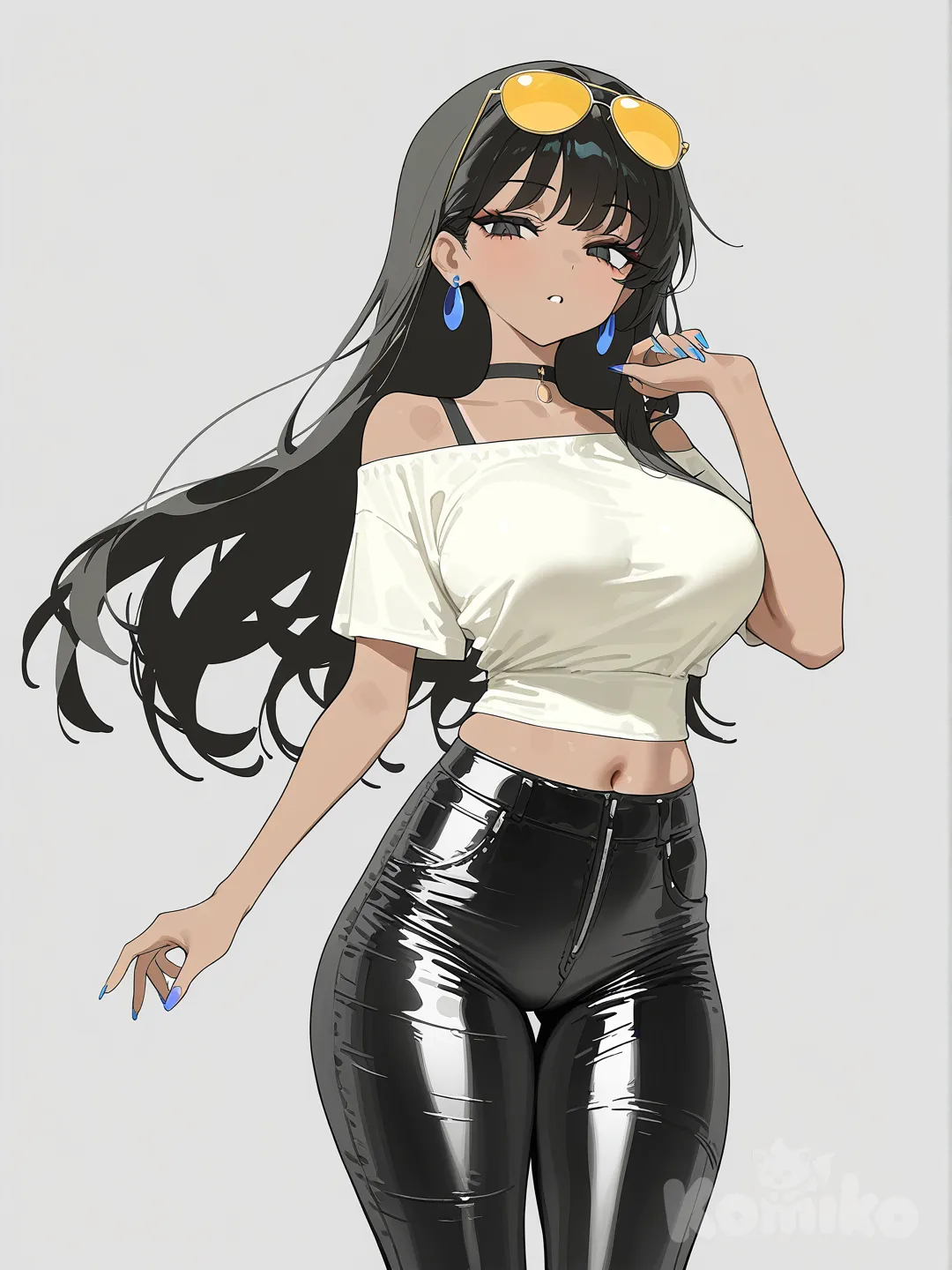 Anime, 1girl, solo, tall female, thick thighs, half-closed eyes, Anthonia Loud GF, long black hair, black eyes, tan skin, tan skinned female, black choker, light blue earrings, yellow sunglasses on head, faux leather leggings pants, crop top, off-shoulder shirt, short sleeves