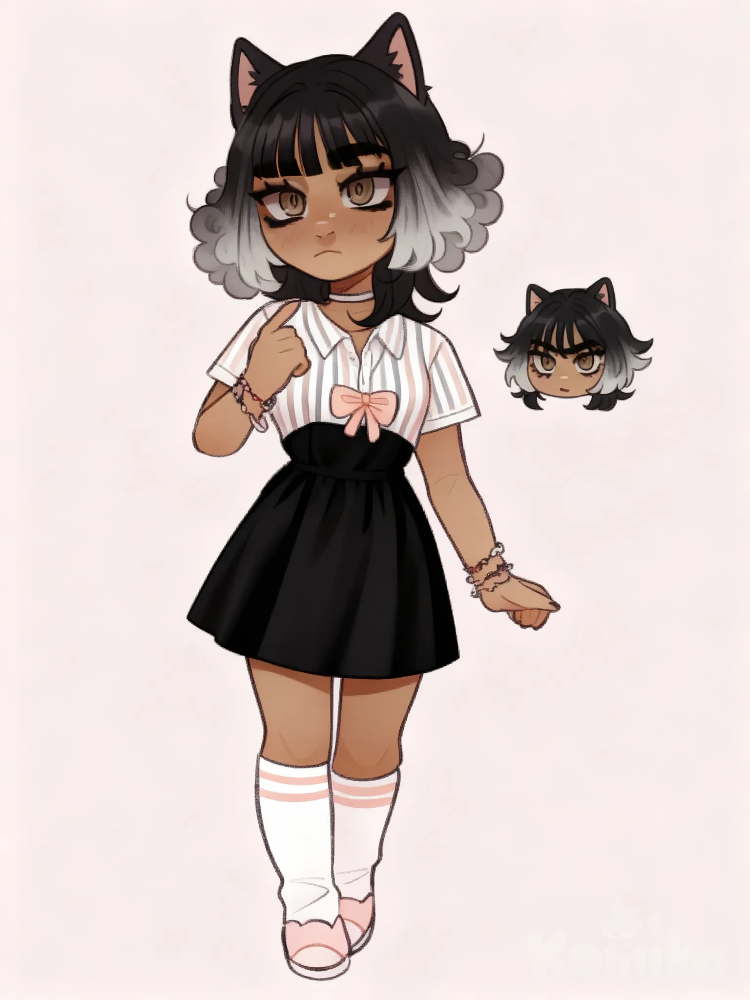 kat , selfie, striped shirt, bow, little black dress, straight bangs, fluffy curls