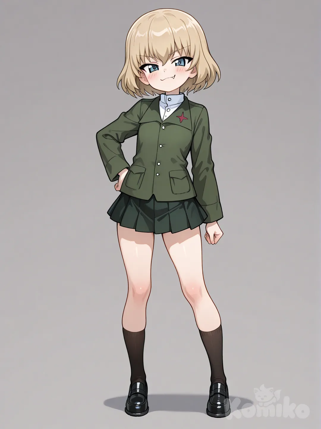 {{Katyusha, born on January 31 in Abashiri City, Hokkaido Prefecture, Japan. She is short at 127cm, 17 years old, light blue eyes, has a short bob cut to her chin and shoulders, her hair is straight, covering her forehead, her hair is blond, Katyusha also has a small "tiger fang" on her upper jaw, which is quite cute. She always wears a brownish green outfit with a Russian-style red cross on the edge of the collar. White shirt, high collar or red border, and a black or dark pleated short skirt. Black leather shoes, usually oxfords or short boots. When in combat, she wears an olive drab jumpsuit in the style of a Soviet tank crew uniform, black gloves and tank crew cap. Katyusha plays the role of commander and chief commander of Pravda High School's tank-dō team, commanding a T-34-85 medium tank, Katyusha has an arrogant personality and is very confident in her tactical abilities (Although she is good at tactics), she is also impatient and childish.}}