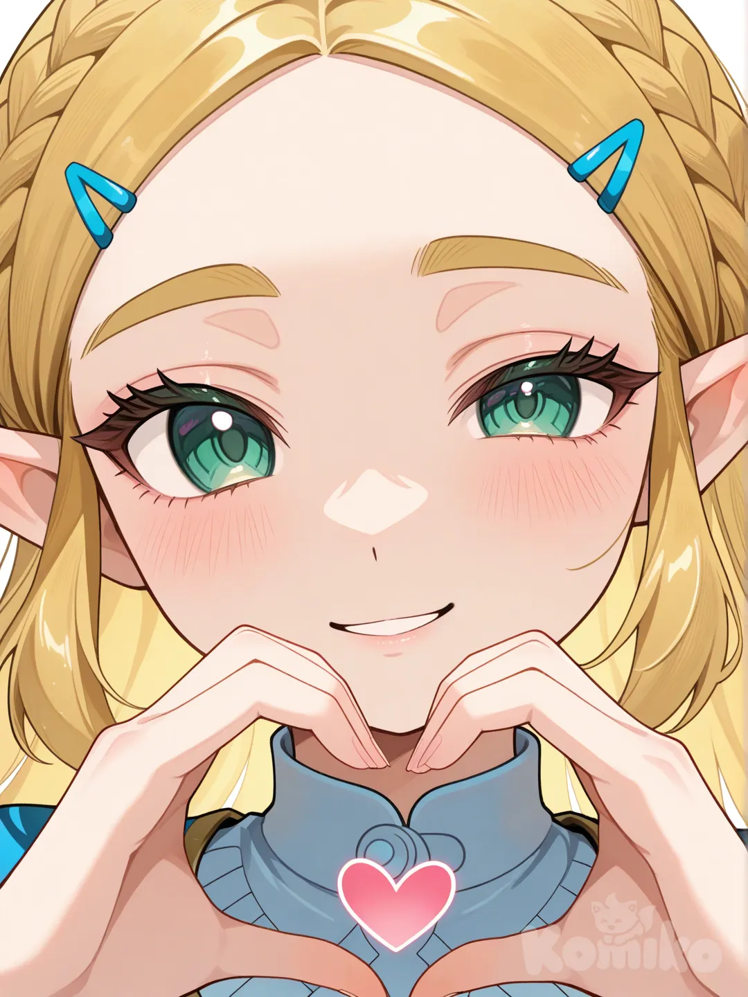 @Princess_Zelda, one eye closed, smile, heart hands, closeup