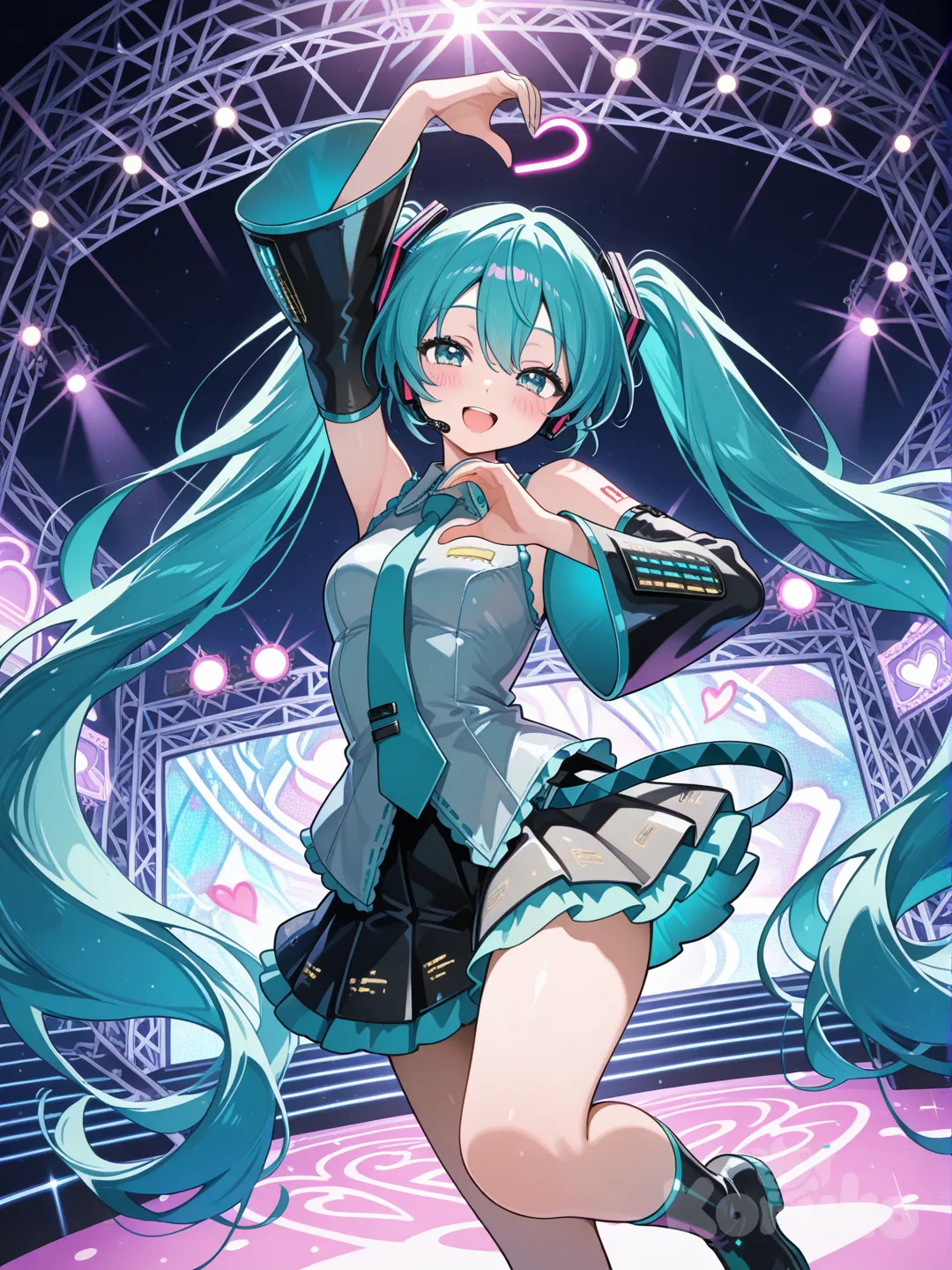 [semi-realistic--style], @Hatsune_Miku, dancing, singing, heart hands, blush, panoramic lens, neon lights, night, stage