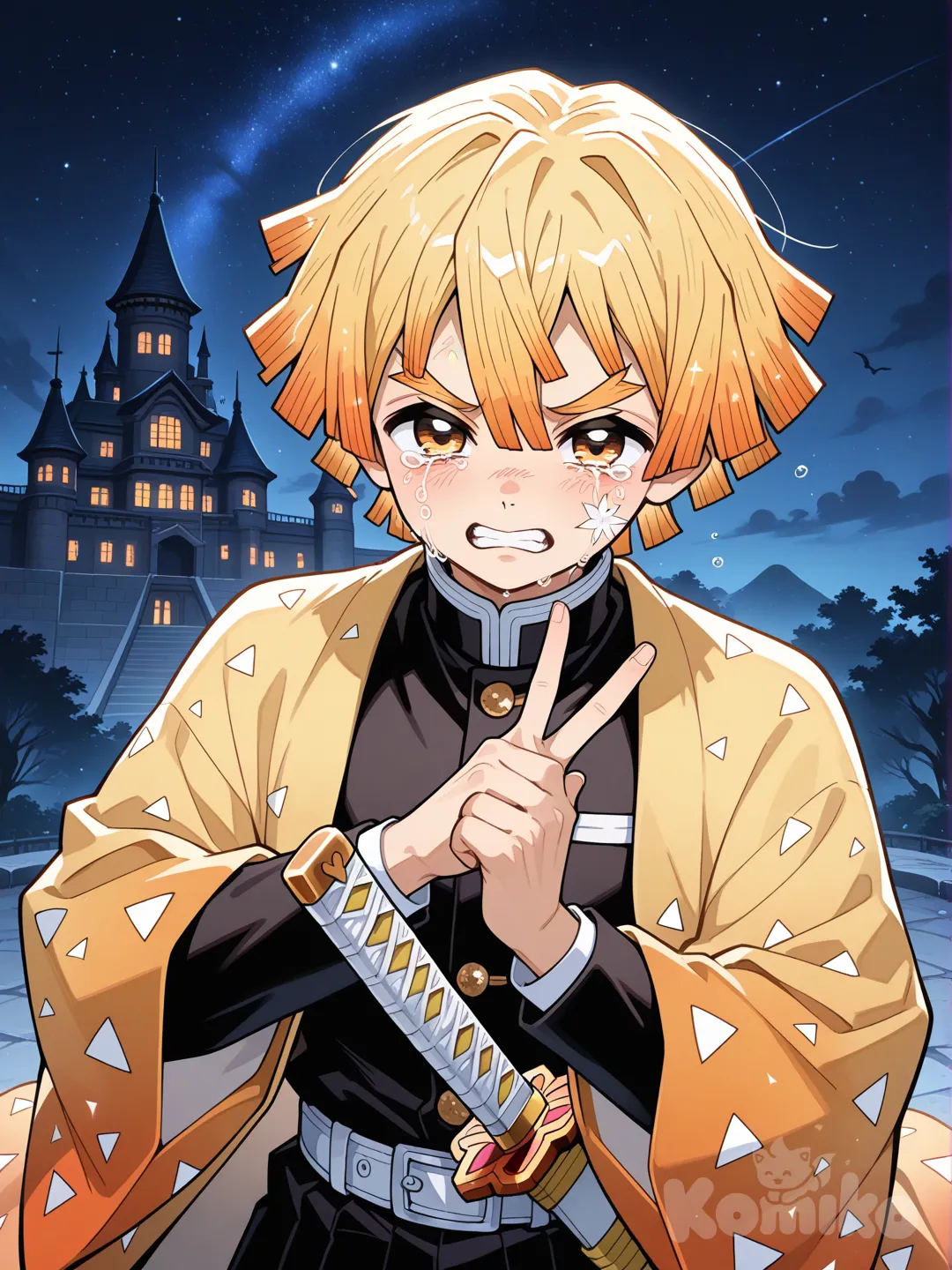 @Agatsuma_Zenitsu, holding sword, v sign, angry, crying, castle, night, looking at viewer