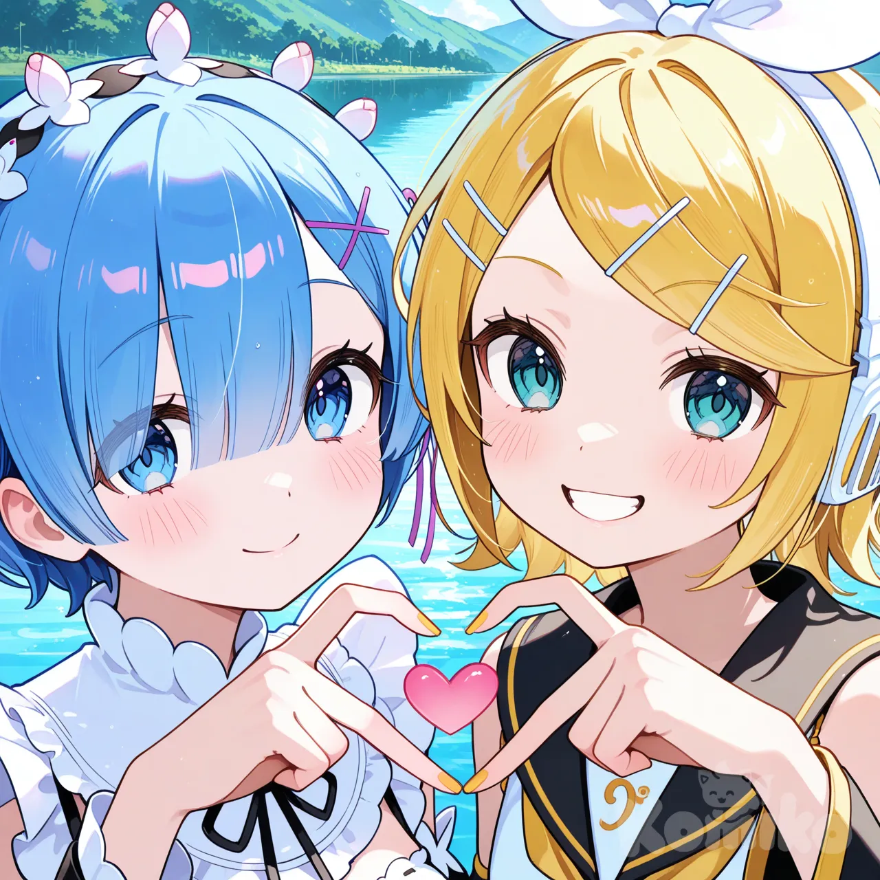 Kagamine Rin, Rem (Re:Zero) , heart hands, portrait, lake