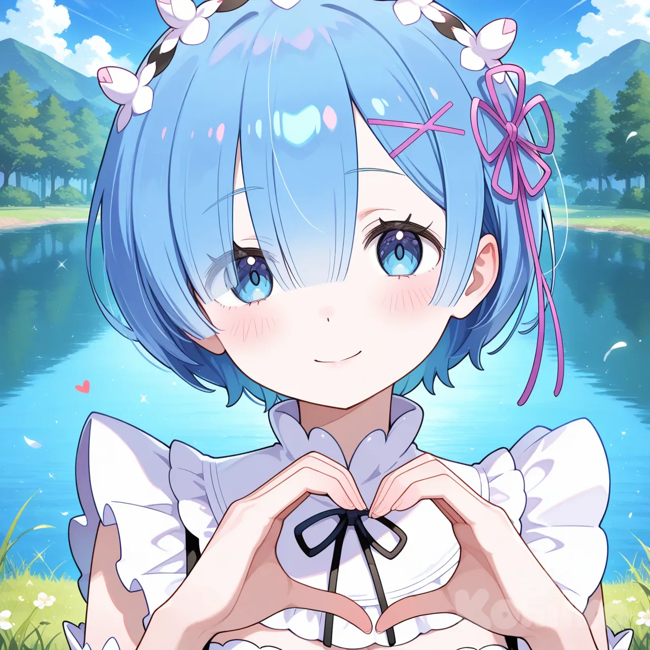 @Rem_(Re:Zero) , heart hands, portrait, lake