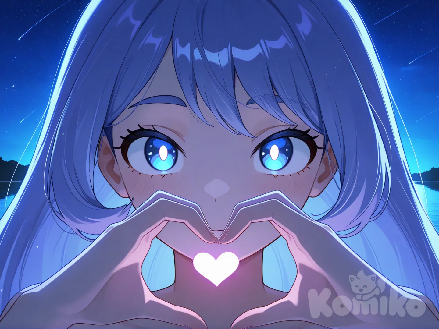 Hadou Nejire, heart hands, ambient light, lake, night, headshot