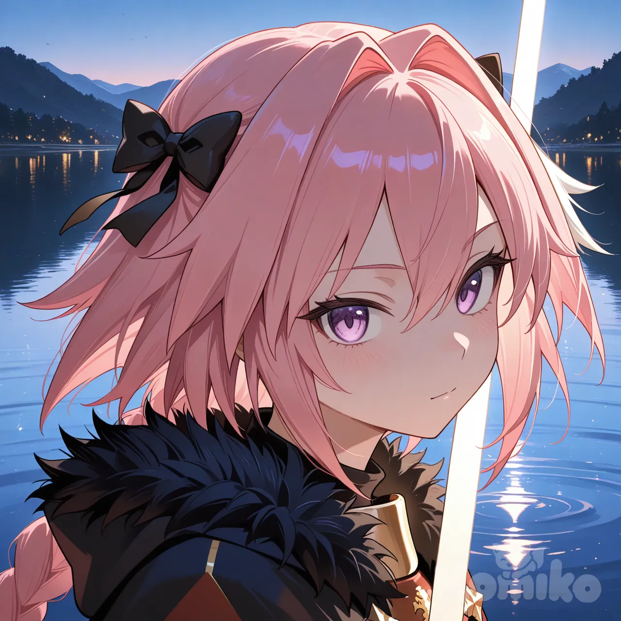Astolfo (Fate), holding sword, lake, ambient light, headshot