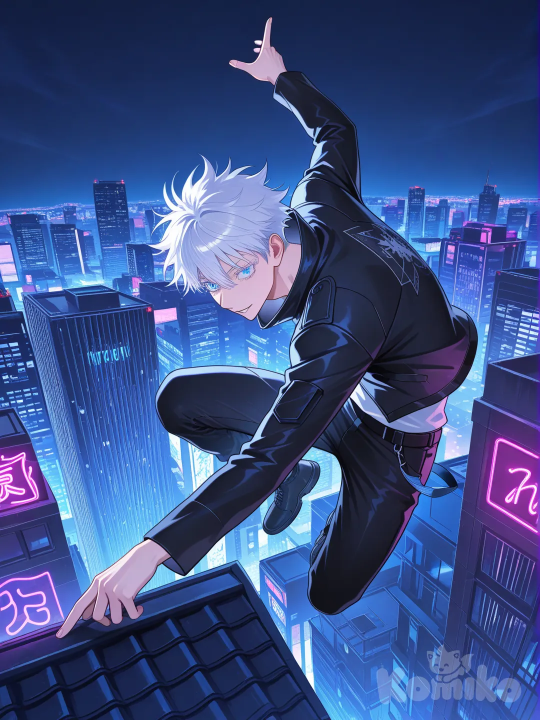 saltando de un edificio, neon lights, night, Gojou Satoru