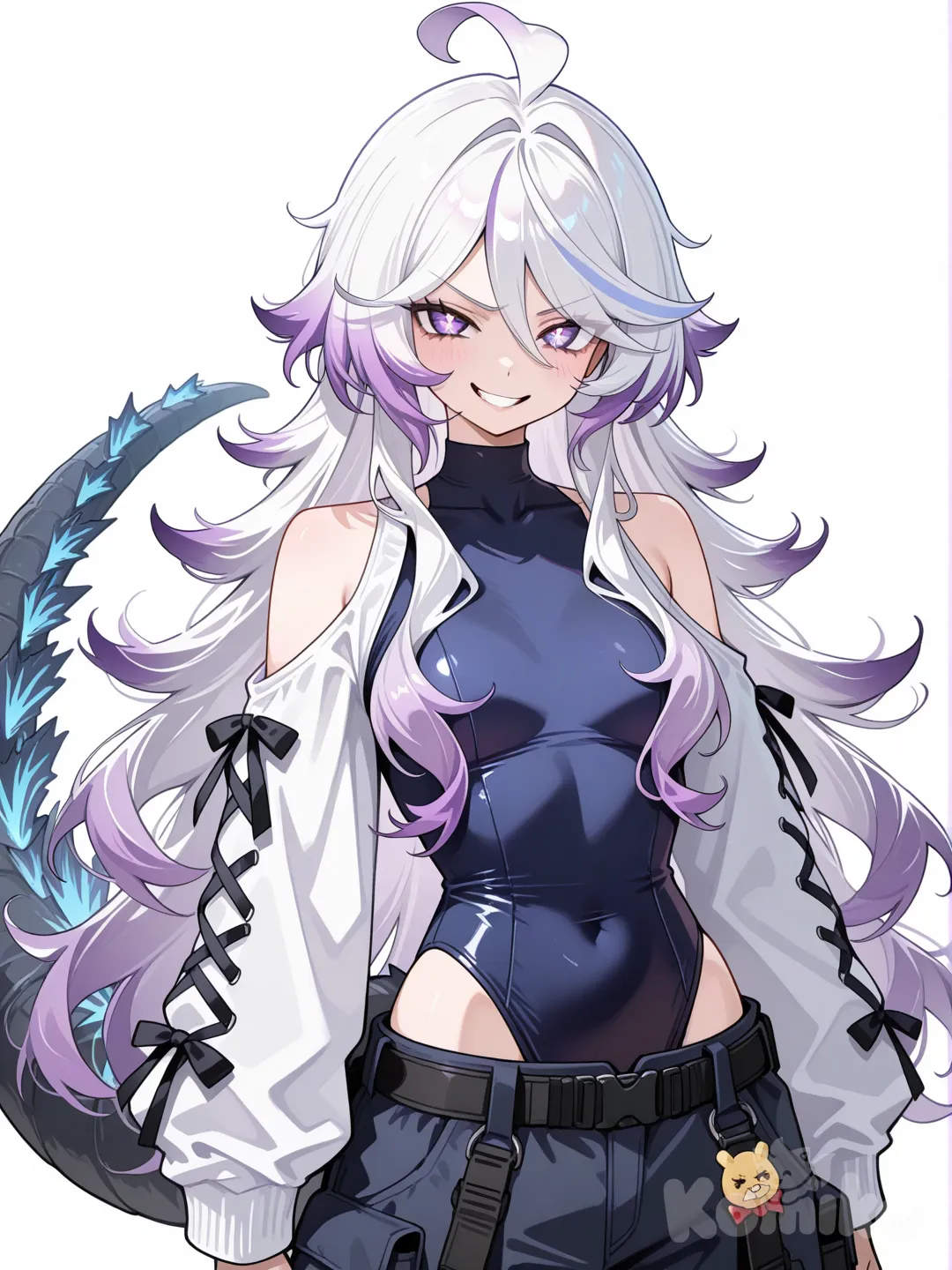1girl, white hair, dark purple inner hair, purple eyes, x-shaped pupils, layered clothes, dark blue leotard, looking at viewer, long hair, dark blue pants, cargo pants, standing, streetwear clothes, highleg high neck leotard with sleeves, ((no jackets)), godzilla tail, shoulder cutout, covered collarbone, front view, evil smile, white background, very long hair, angry, evil smile, hair over breasts, cowlick, tactical pants, upper body