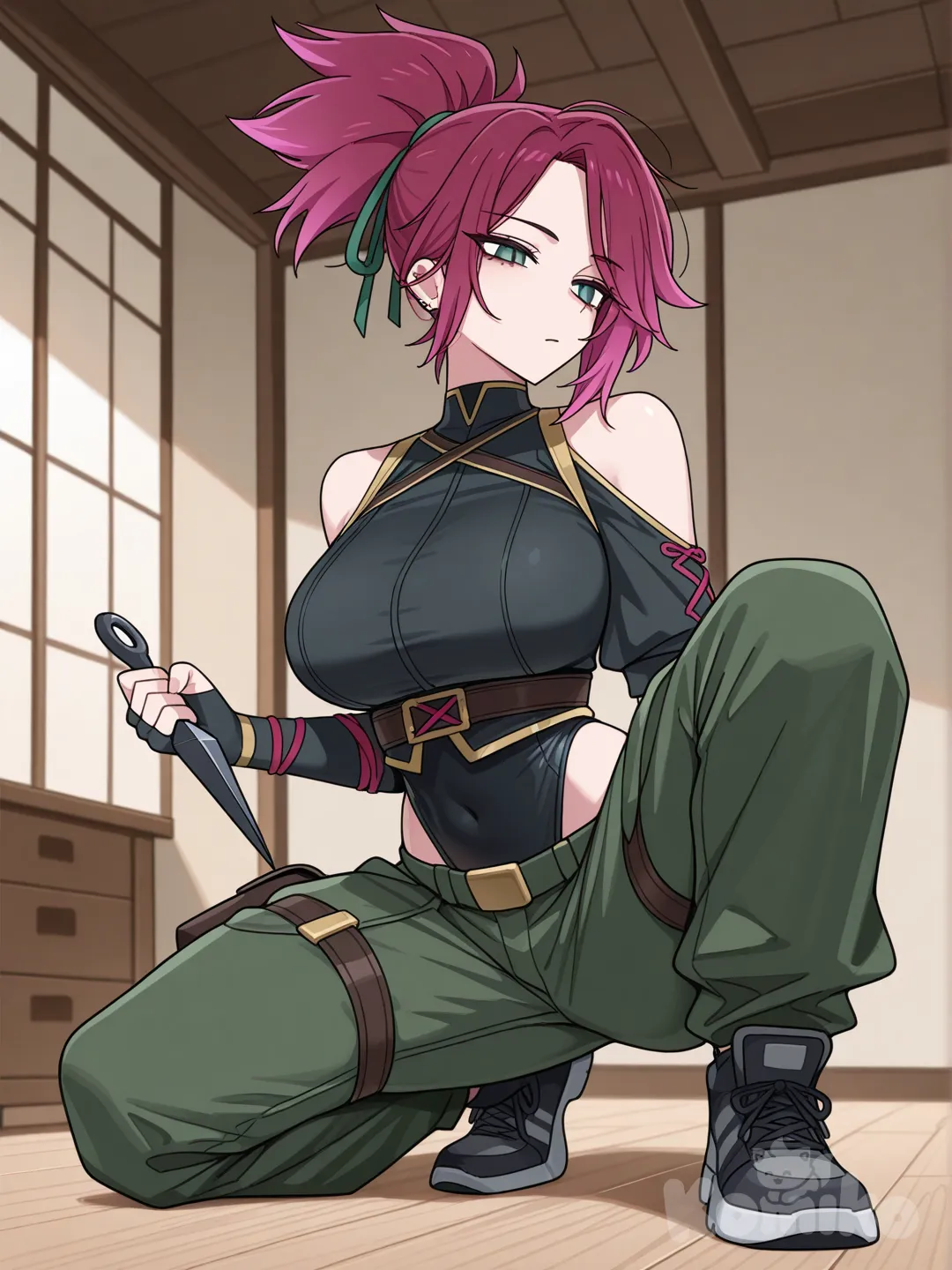 @Akali, black highleg leotard, cargo pants, bedroom, elbow gloves, sitting on knees, detached sleeves, shoulder cutout, holding kunai, manga cover, fusion, @Briar_(League_Of_Legends), alternate costume, large breasts, [toon-shaded-style], cross-laced clothes