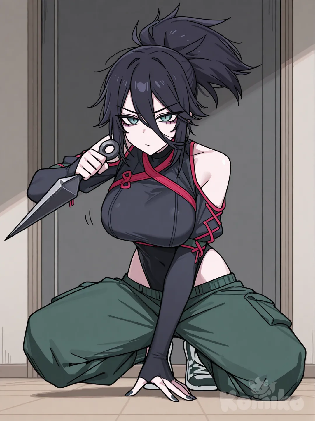 @Akali, black highleg leotard, cargo pants, bedroom, elbow gloves, detached sleeves, shoulder cutout, holding kunai, manga cover, fusion, @Briar_(League_Of_Legends), alternate costume, large breasts, [toon-shaded-style], cross-laced sleeves, on one knee, sneakers, hips cutout, lineart, sketch, clea
