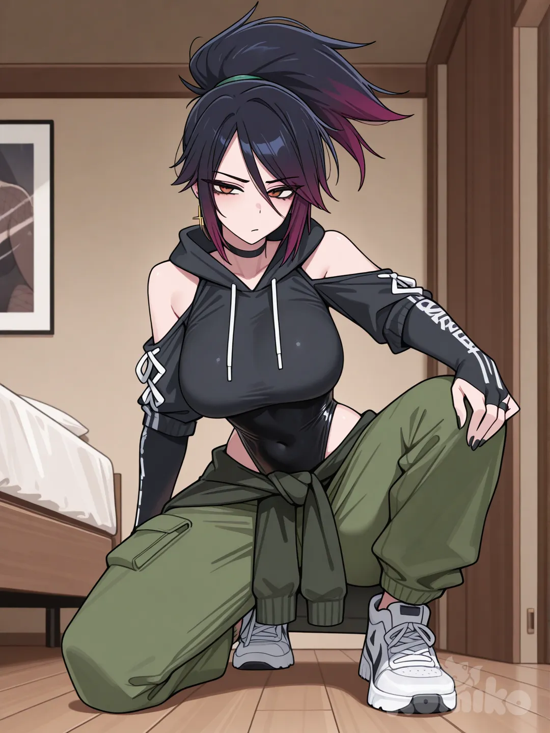 @Akali, black highleg leotard, cargo pants, bedroom, elbow gloves, detached sleeves, shoulder cutout, manga cover, fusion, @Briar_(League_Of_Legends), alternate costume, large breasts, cross-laced sleeves, on one knee, sneakers, tied black hoodie around waist, [toon-shaded-style], akali