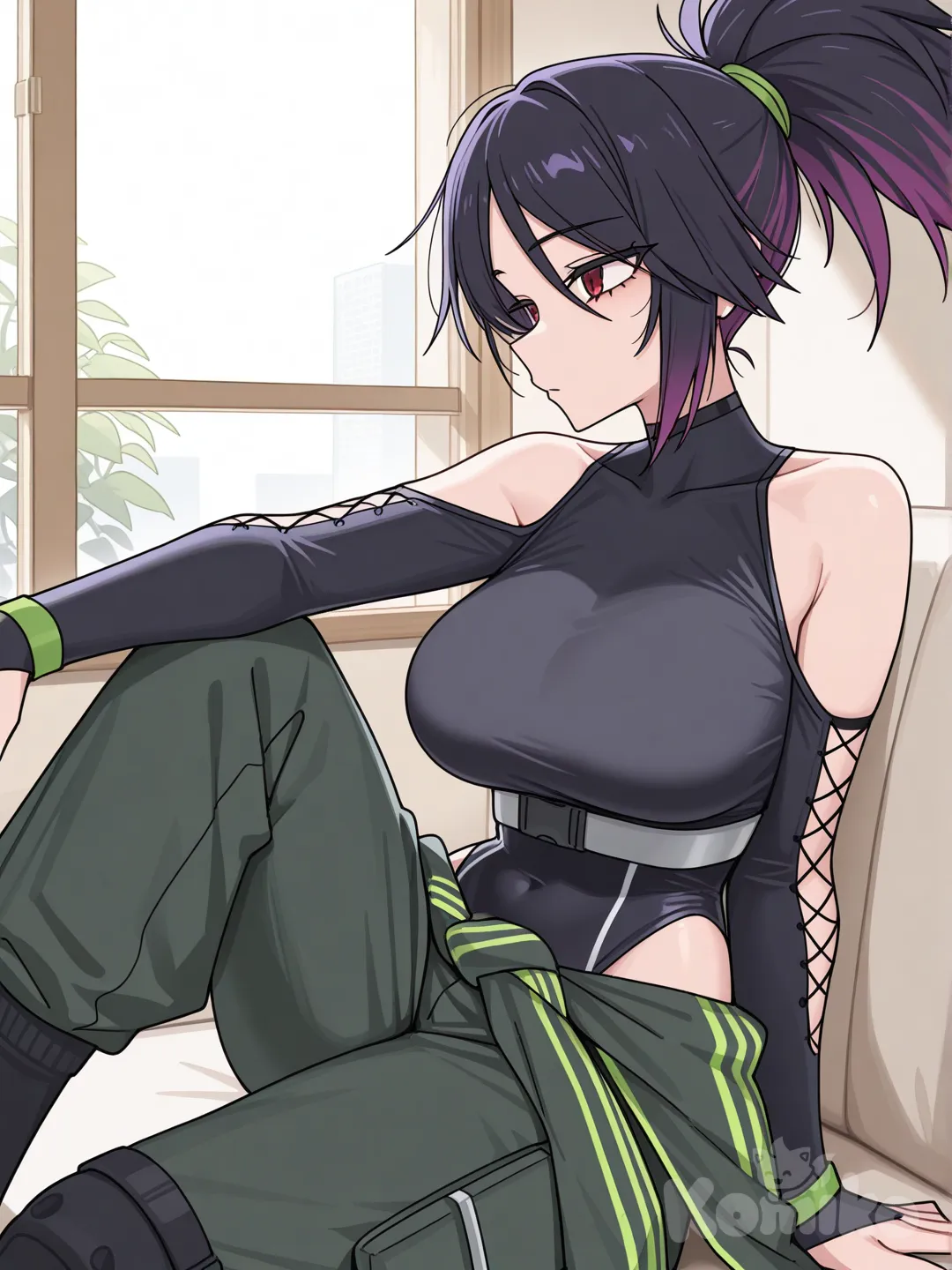 @Akali, red eyes, black highleg leotard, black cargo pants, living room, elbow gloves, detached sleeves, shoulder cutout, large breasts, cross-laced sleeves, two-tone hair, black hair, purple hair tips, jacket around waist, right knee up to chest, windowsill, [toon-shaded-style]