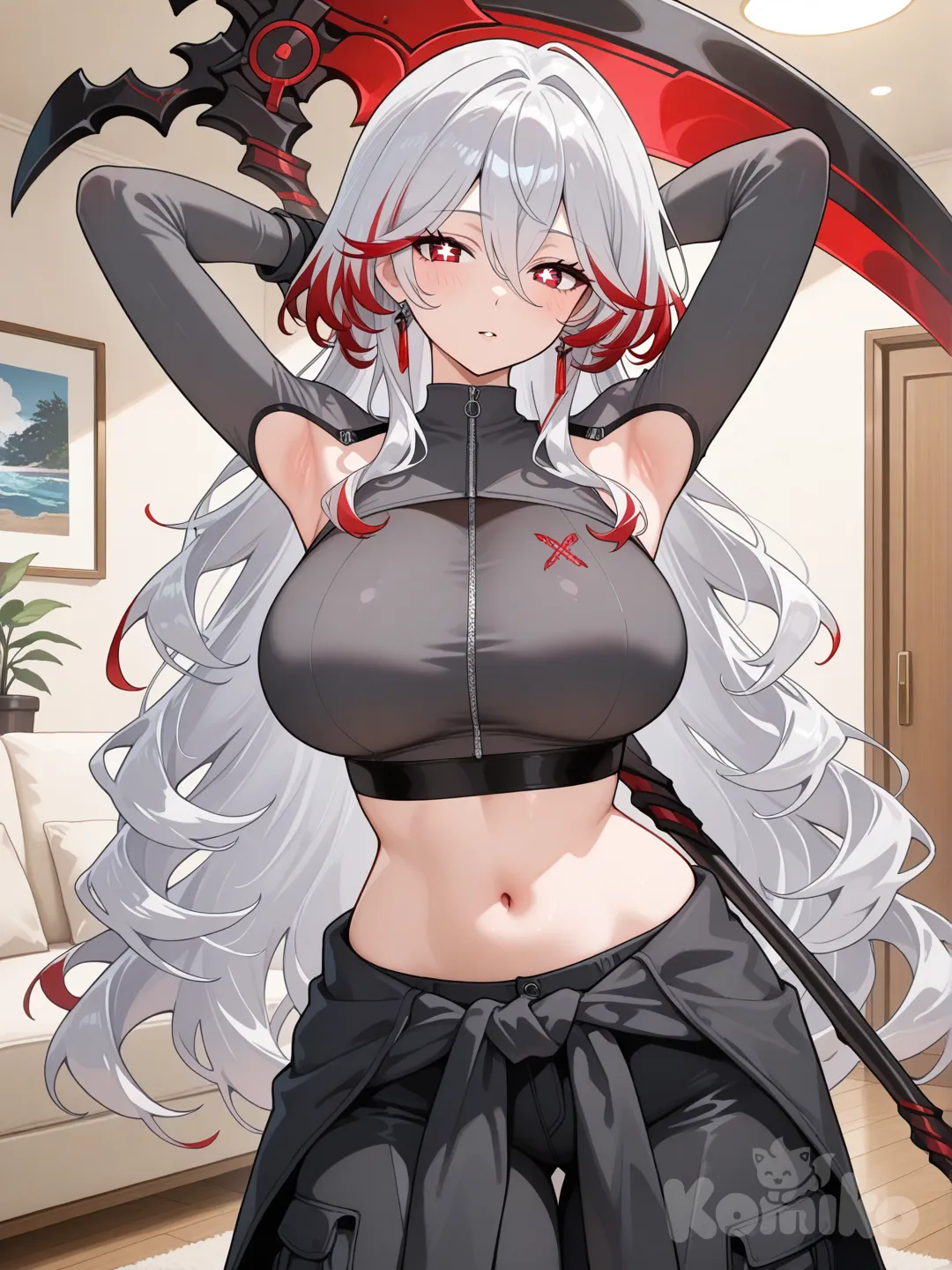 1girl, anime style,
adult woman, curvy body, large breasts,
red eyes, X-shaped pupils,
silver hair, inner red highlights, very long hair, layered strands,

black sleeveless crop top, tight fit,
grey zipper shrug, shoulder cutouts, long sleeves, cropped and fitted, tight sleeves,
dark cargo pants,
black jacket tied around waist,
fingerless gloves,

large scythe, resting across both shoulders behind head,
living room background
