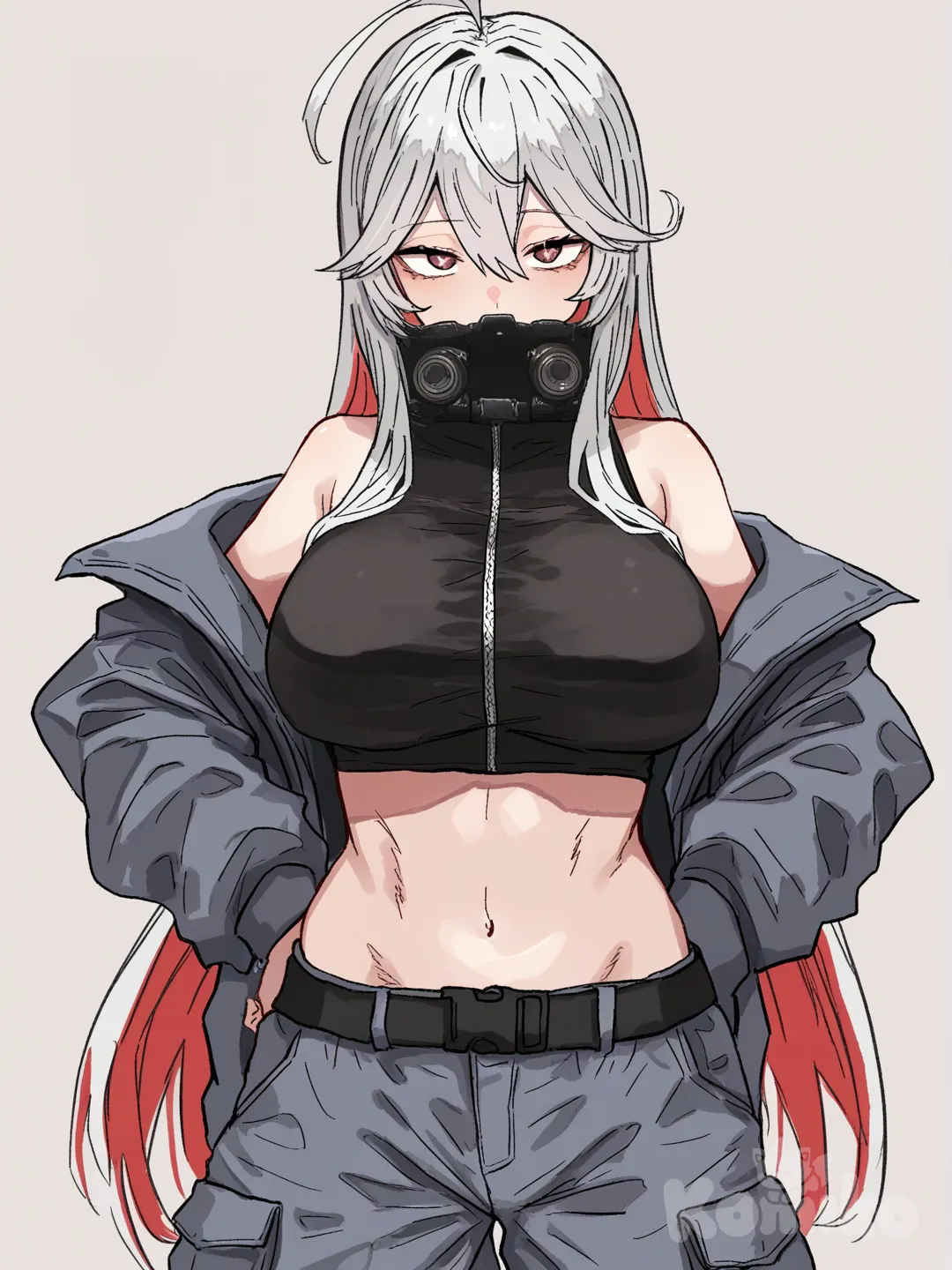 1girl, bust-up, confident expression, red eyes with X-shaped pupils, large breasts,
mature adult body proportions, adult physique, defined facial features,

very long silver hair with red inner color, uniform length, free-flowing hair (no ponytail),
double-layer strands, two long hair strands falling over the shoulders and ending on the chest,
long face-framing strands, cowlick, no hair accessories,

black sleeveless crop top, ultra-short, barely covering the chest, matte fabric, no shine,
no reflections, non-glossy, high collar,
exposed midriff clearly visible,
shoulder openings (cut-out shoulders), clean design,

grey techwear-style shrug, matte softshell fabric, subtle texture, no shine,
extra-high structured collar, rigid and form-fitting, fully closed zipper collar,
collar raised enough to cover the lower half of the face, seamless, no opening,
tightened sleeves, clean separation,

grey cargo pants, loose-fitting, multiple pockets, belt loops, slightly baggy,
tactical style, clean lines, matte fabric,

simple clean background, one hand on hip, anime style,
camera angle: front view, bust-up shot only, upper body visible
, [hentai-style]