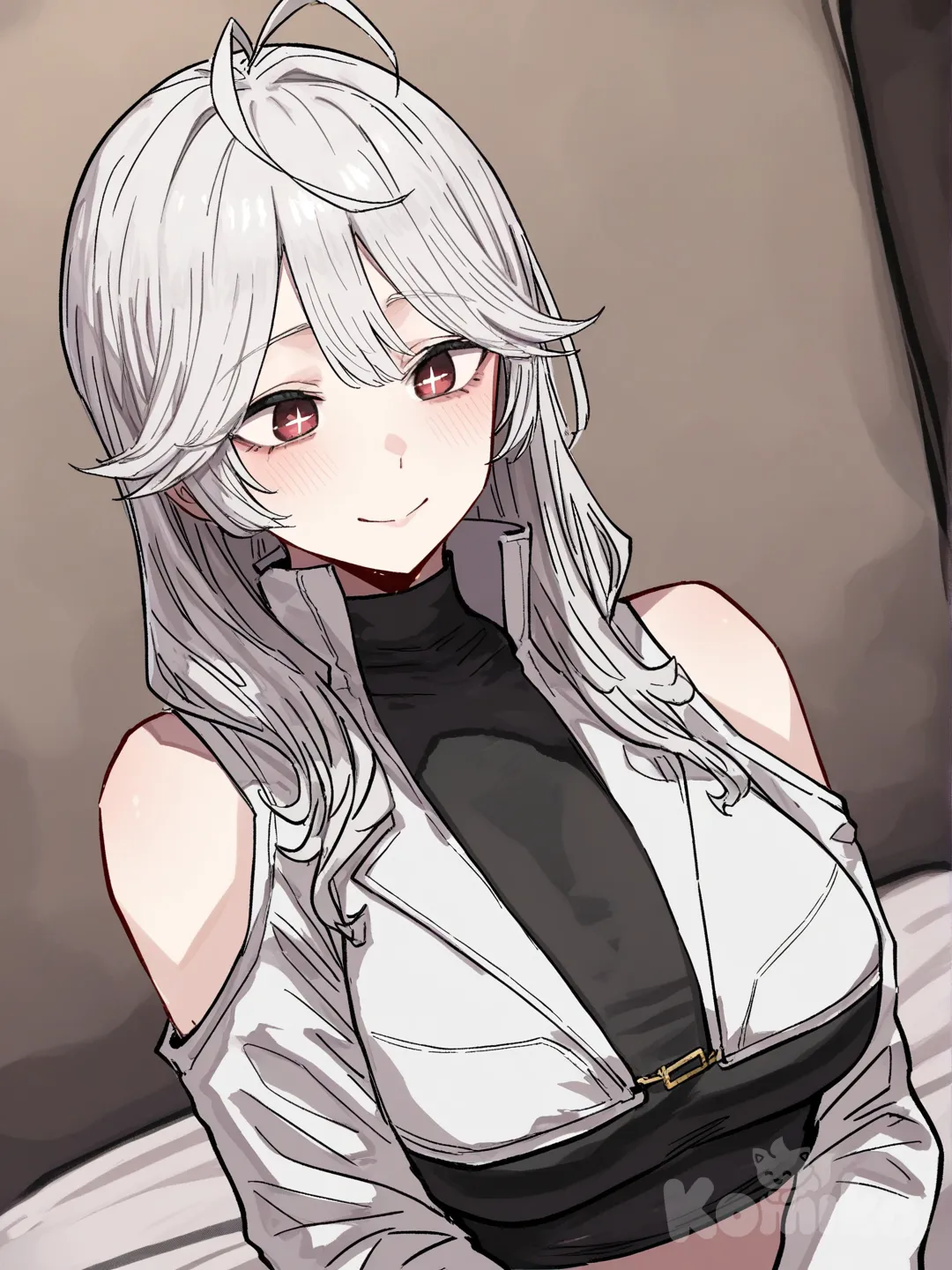 female character, around 25 years old, upper body portrait (chest up, full head visible), strong, gorgeous,

calm confident expression, crimson eyes with cross-shaped pupils, mature physique, smooth skin,

long silver hair with inner red hair, natural volume, very long face-framing strands, strands resting over the shoulders and reaching the chest, cowlick, hair between the eyes, no accessories,

black crop top (sleeveless, high neck), 

grey shrug (matte fabric, shoulder cutouts, tight sleeves), clean separation

bedroom background, dramatic contrast, stylish composition, sketch, lineart, [hentai-style]