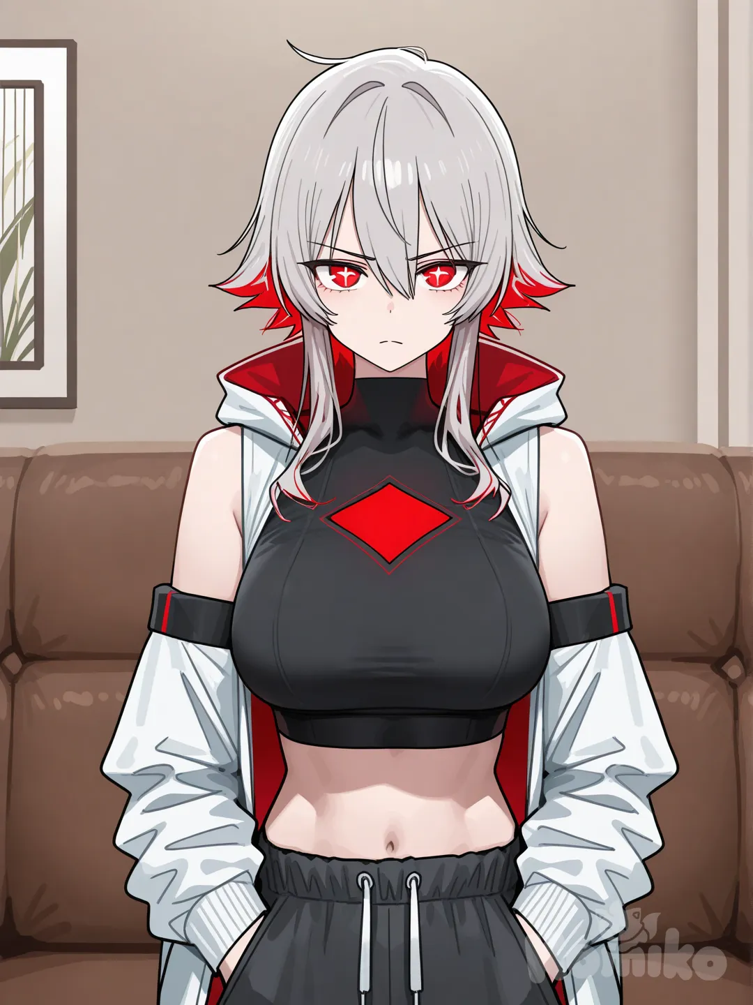female character, around 25 years old, upper body portrait (chest up, full head visible), gorgeous, breasts

serious calm confident expression, crimson eyes with X-shaped pupils, mature physique, smooth skin, sharp eyes

long light grey hair with inner red hair, natural volume, very long face-framing strands, strands resting over the shoulders and reaching the chest, cowlick, hair between the eyes, no accessories,

black crop top with a hood (sleeveless, high neck), detached sleeves,

layered clothes, techwear,

wide shinobi-style pants, **not jogging pants**, **not sweatpants**, structured fabric, stiff silhouette, tied at the waist, loose but angular shape, traditional Japanese style, hands in pockets, 

living room background, stylish composition, sketch, lineart, [toon-shaded-style]