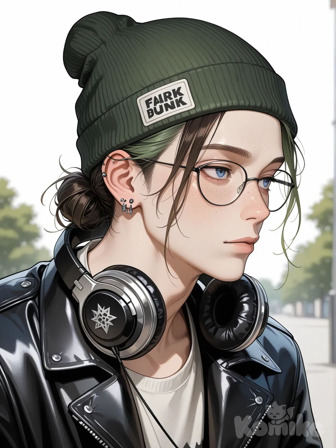 1boy, mature male, tall, slim, brown hair, green hair, bun hairstyle, blue eyes, freckles, tattoo, fair skin, punk fashion, leather jacket, cargo pants, glasses, beanie hat, earrings, headphones, realistic, single character, simple background, white background, closeup, looking away, portrait, blurred background