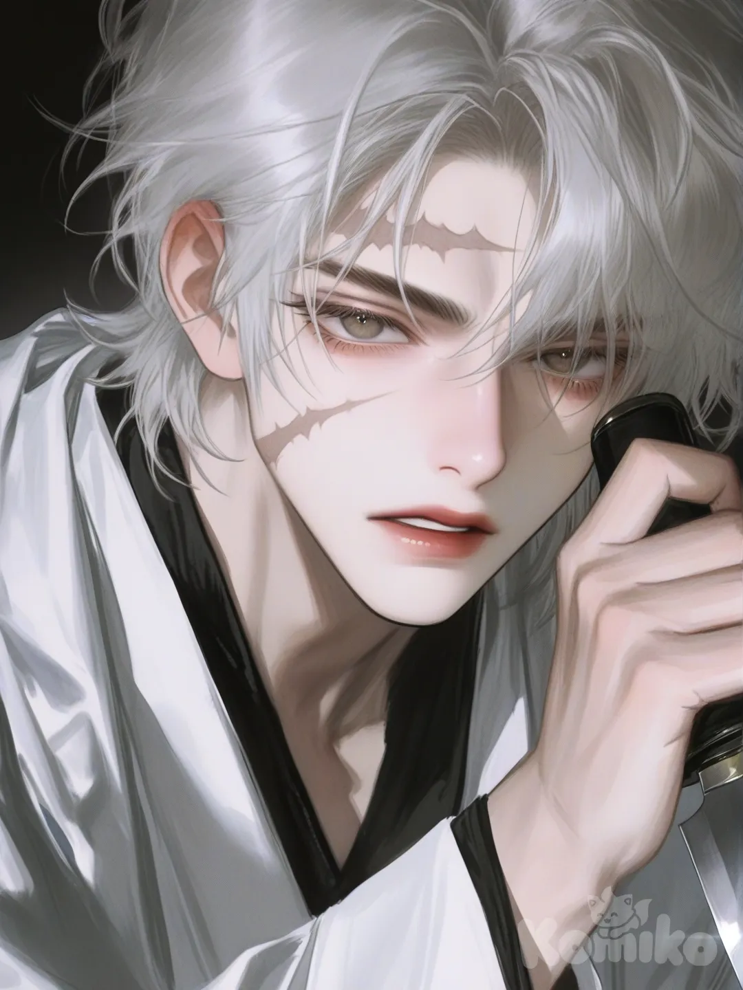 [semi-realistic-portrait-style] hombre de pelo blanco y cicatrices en la cara, vestido con una túnica japonesa y que lleve un cuchillo en la mano cerca del rostro haciendo algo genial pero serio