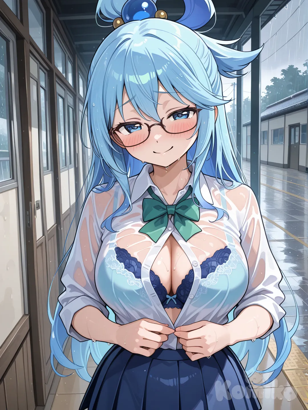 Aqua từ konosuba, ở ngoài sân trường học, ở hàng lanh trường, trời mưa nhẹ, trời sáng, đeo kính, mặc áo sơ mi trắng, váy ngắn màu xanh dương, bị ướt do dính mưa, sex, hentai, từ từ cởi nút áo sơ mi, vẫn có áo ngực, dâm đãng, khiêu dâm, bẽn lẻn, ngại ngùng