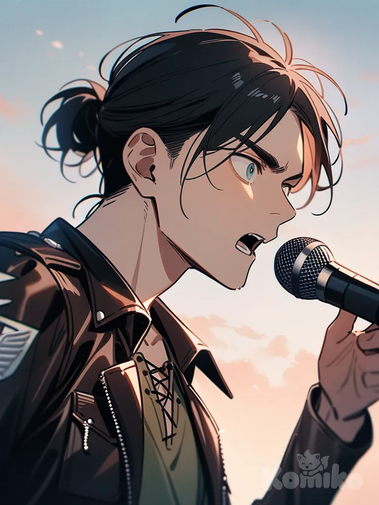 eren yeager, shingeki no kyojin, pastel colors, singing, leather jacket, upper body