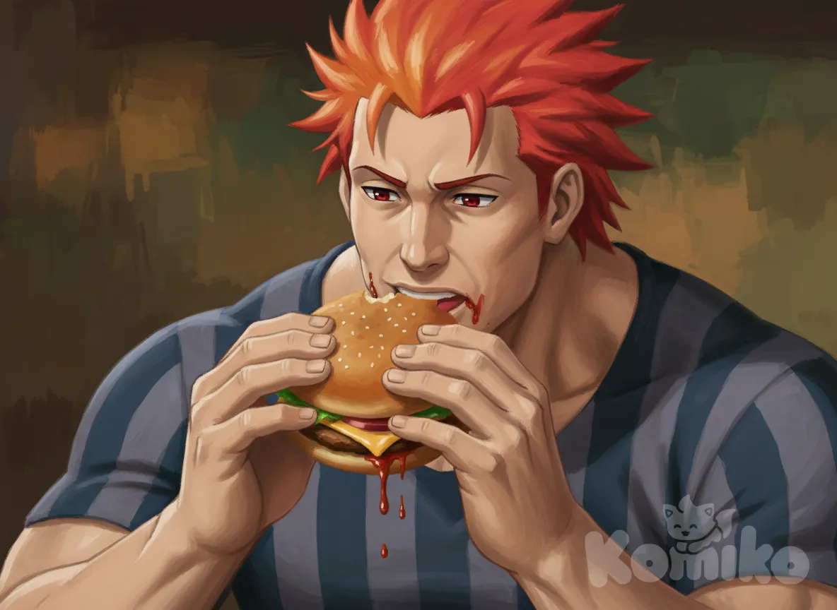 Juugo, oil painting (medium), eating burger, striped shirt, upper body, huge man