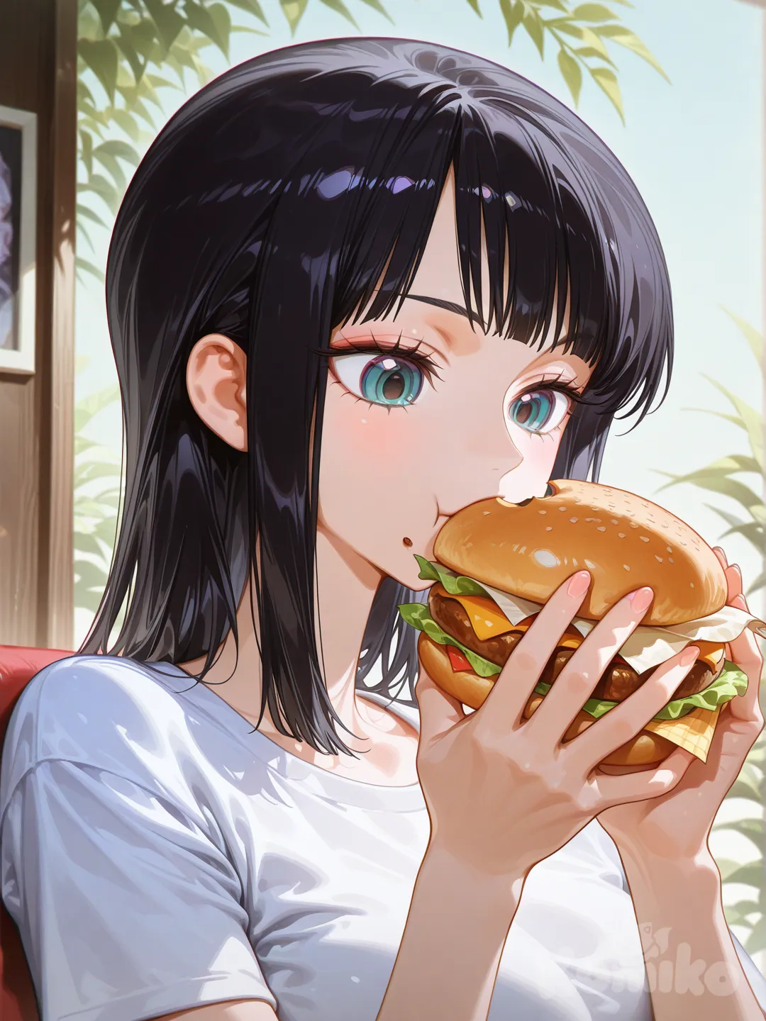 nico robin, [high-gloss-illustration-style], eating burger, t-shirt, upper body