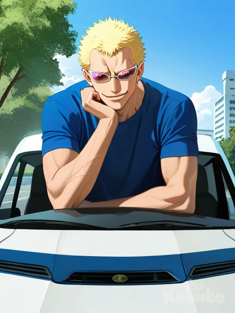 Donquixote Doflamingo, anime coloring, riding car, t-shirt, upper body, 1man
