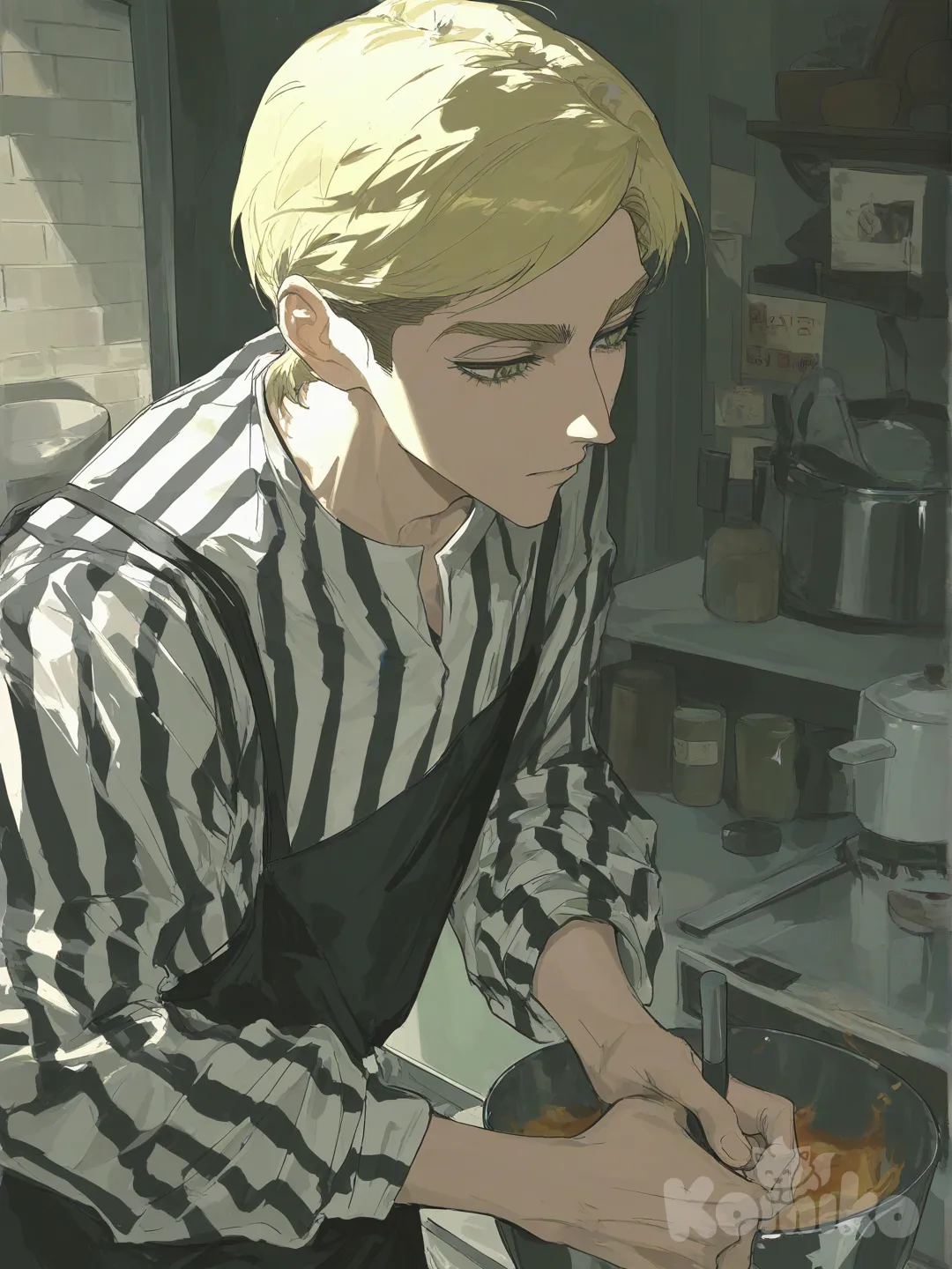 Erwin Smith, shingeki no kyojin, [desaturated-illustration-style], cooking, striped shirt, upper body, 1man