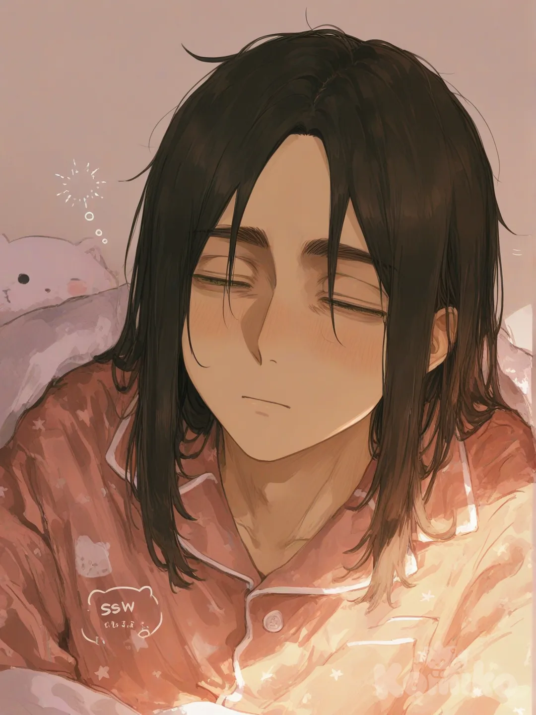 eren yeager, shingeki no kyojin,[sweet-painting-style],wakes up from sleep , pajamas, upper body,1man