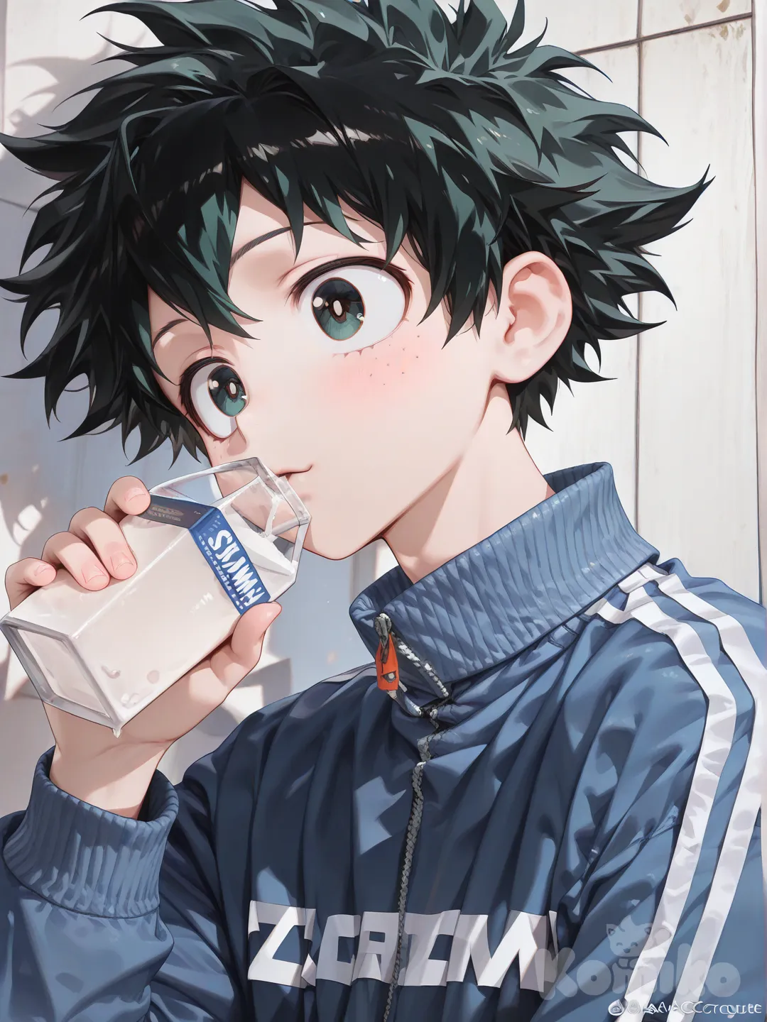 midoriya izuku, [high-gloss-illustration-style], drinking milk, tracksuit, upper body,1man